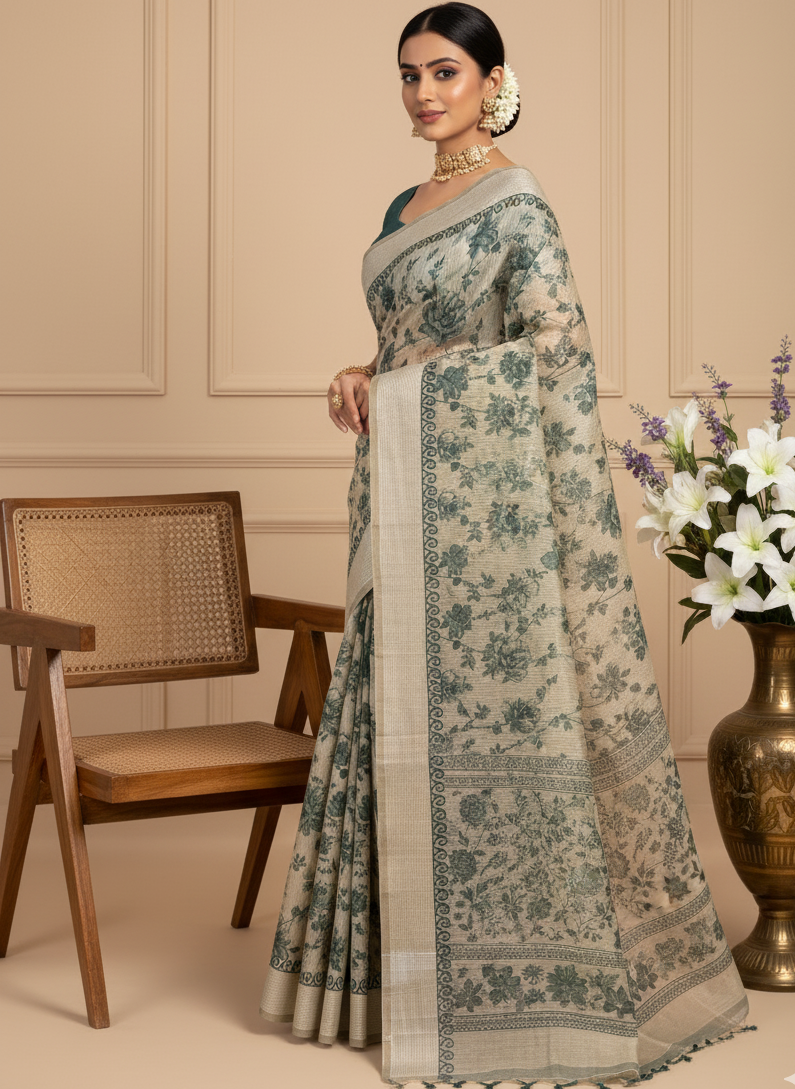 Beige Chanderi Cotton Floral Printed Saree