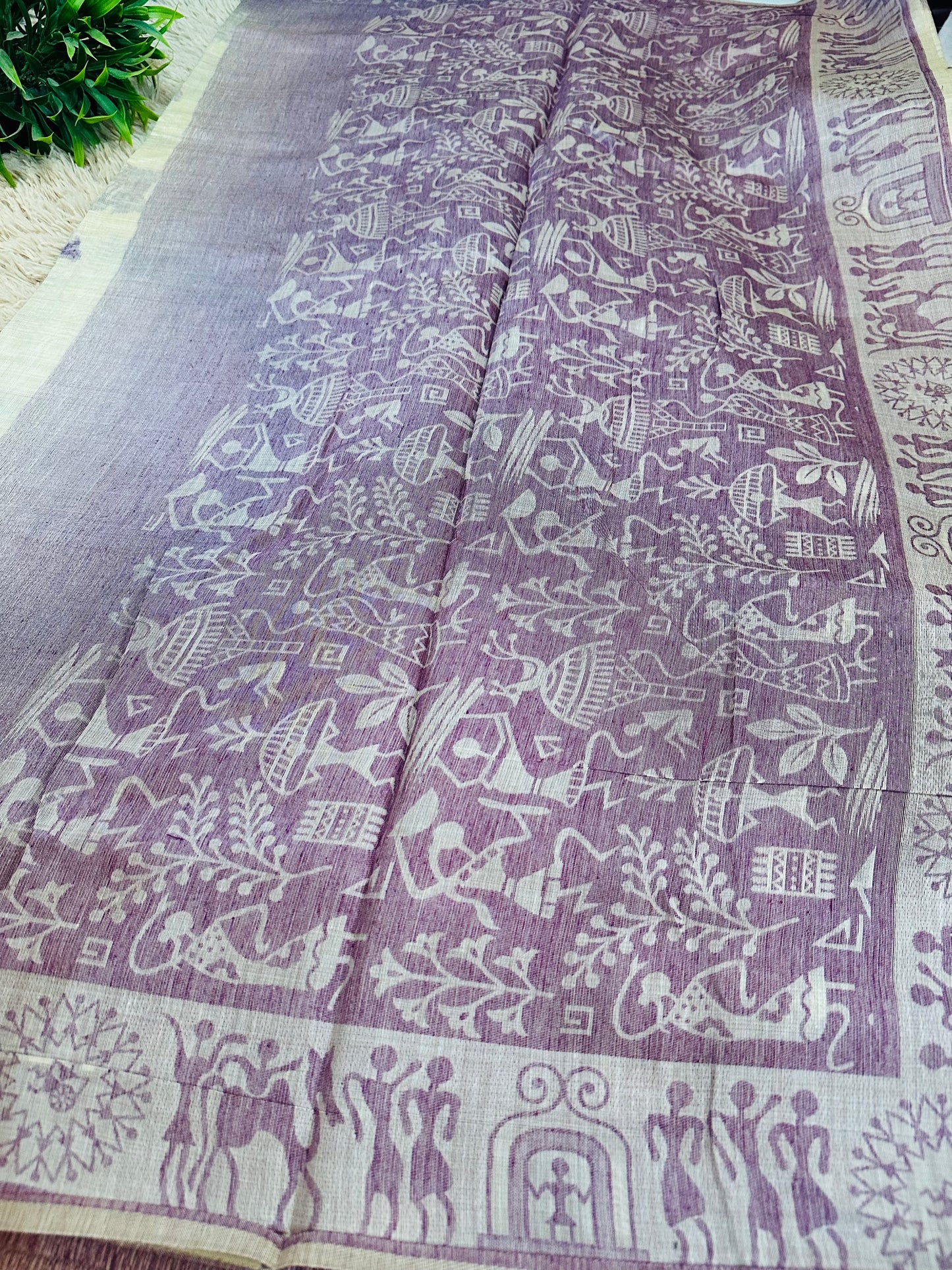 Cream and Purple Warli Art Cotton Silk Saree