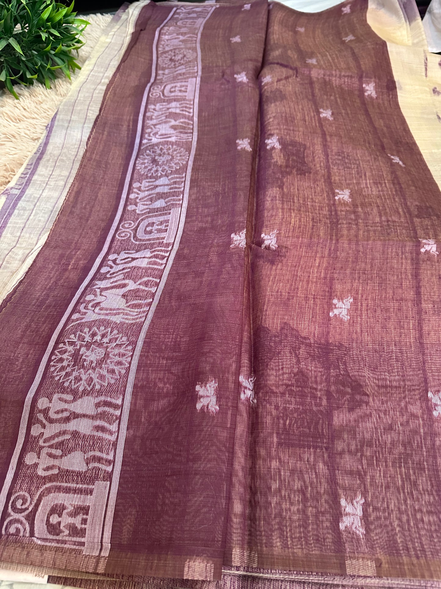 Cream and Purple Warli Art Cotton Silk Saree
