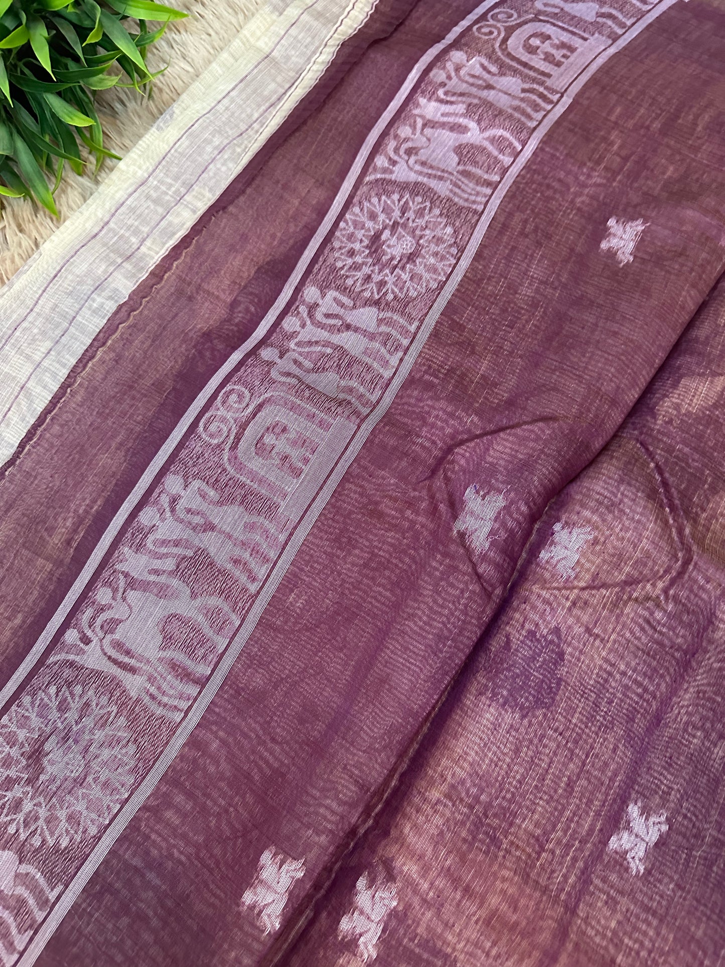 Cream and Purple Warli Art Cotton Silk Saree
