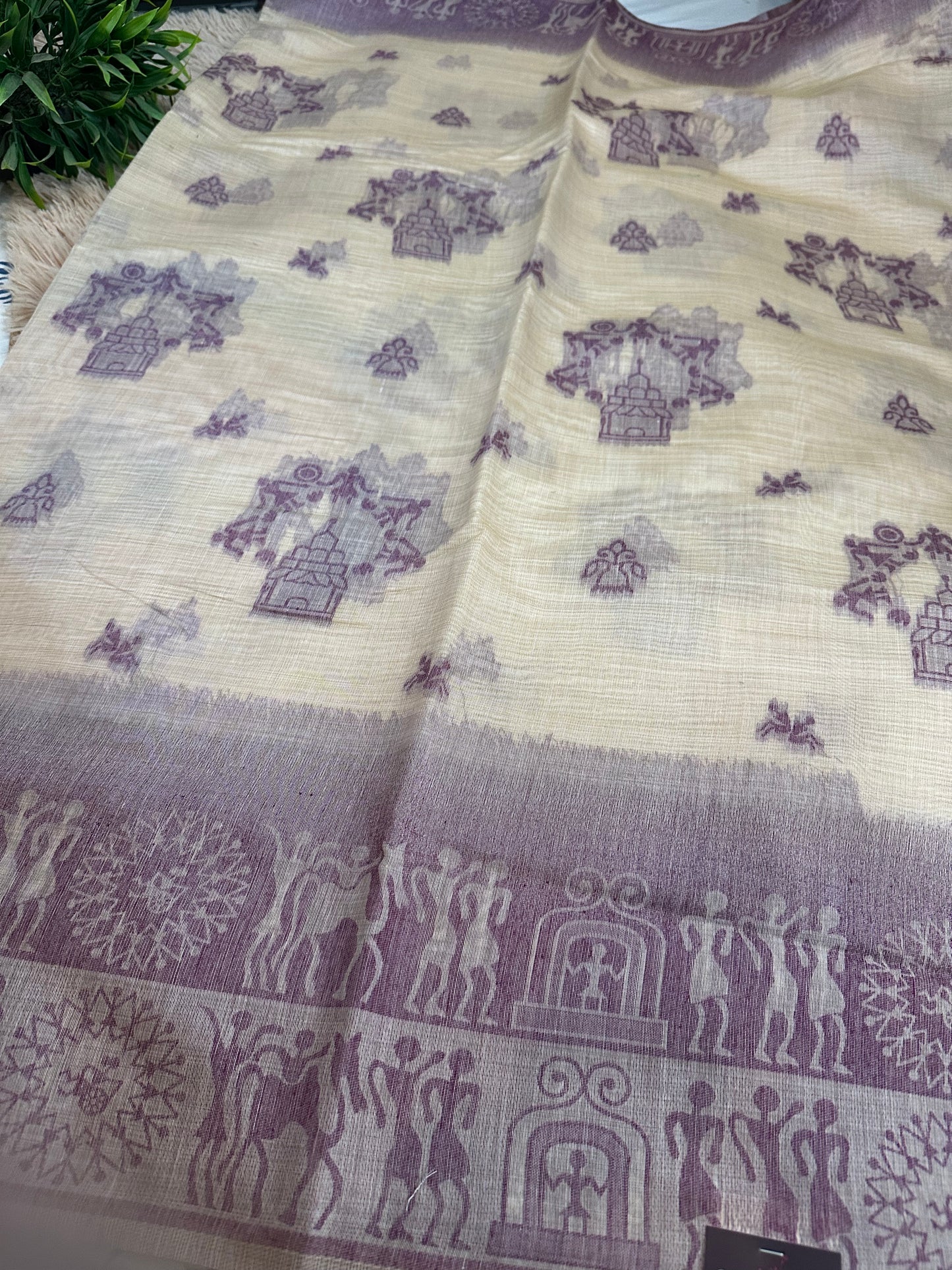 Cream and Purple Warli Art Cotton Silk Saree