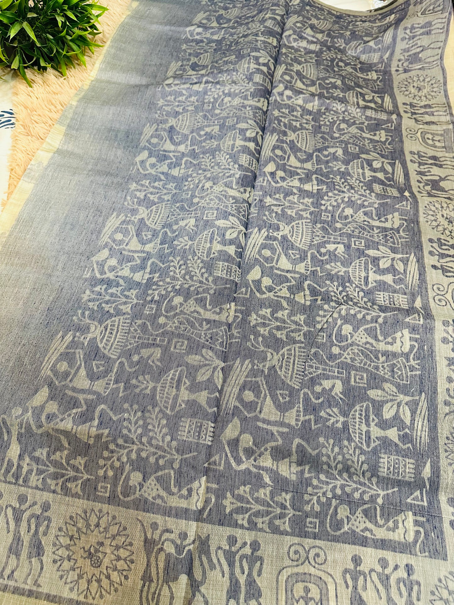 Cream and Navy Blue Warli Art Cotton Silk Saree
