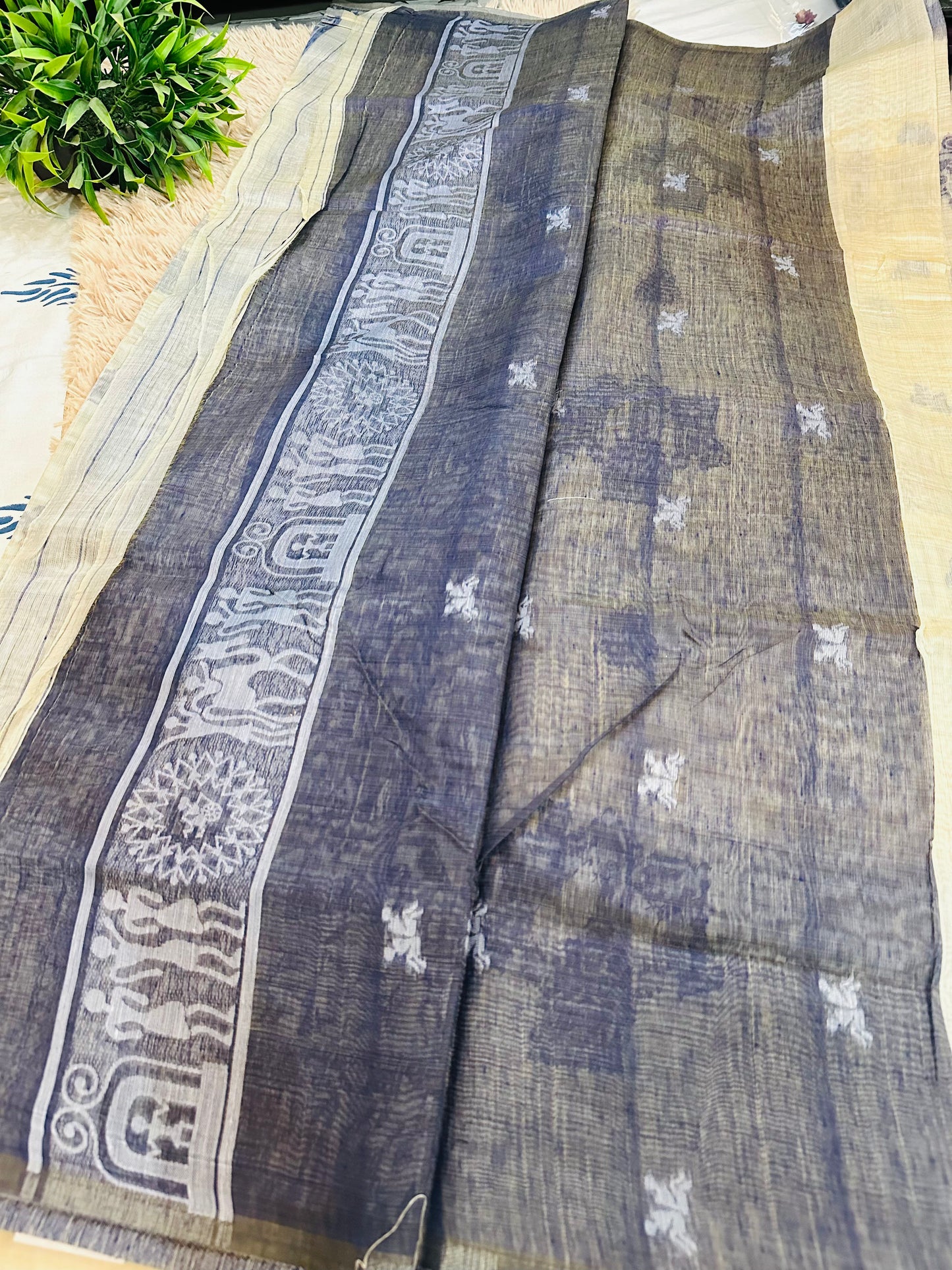 Cream and Navy Blue Warli Art Cotton Silk Saree