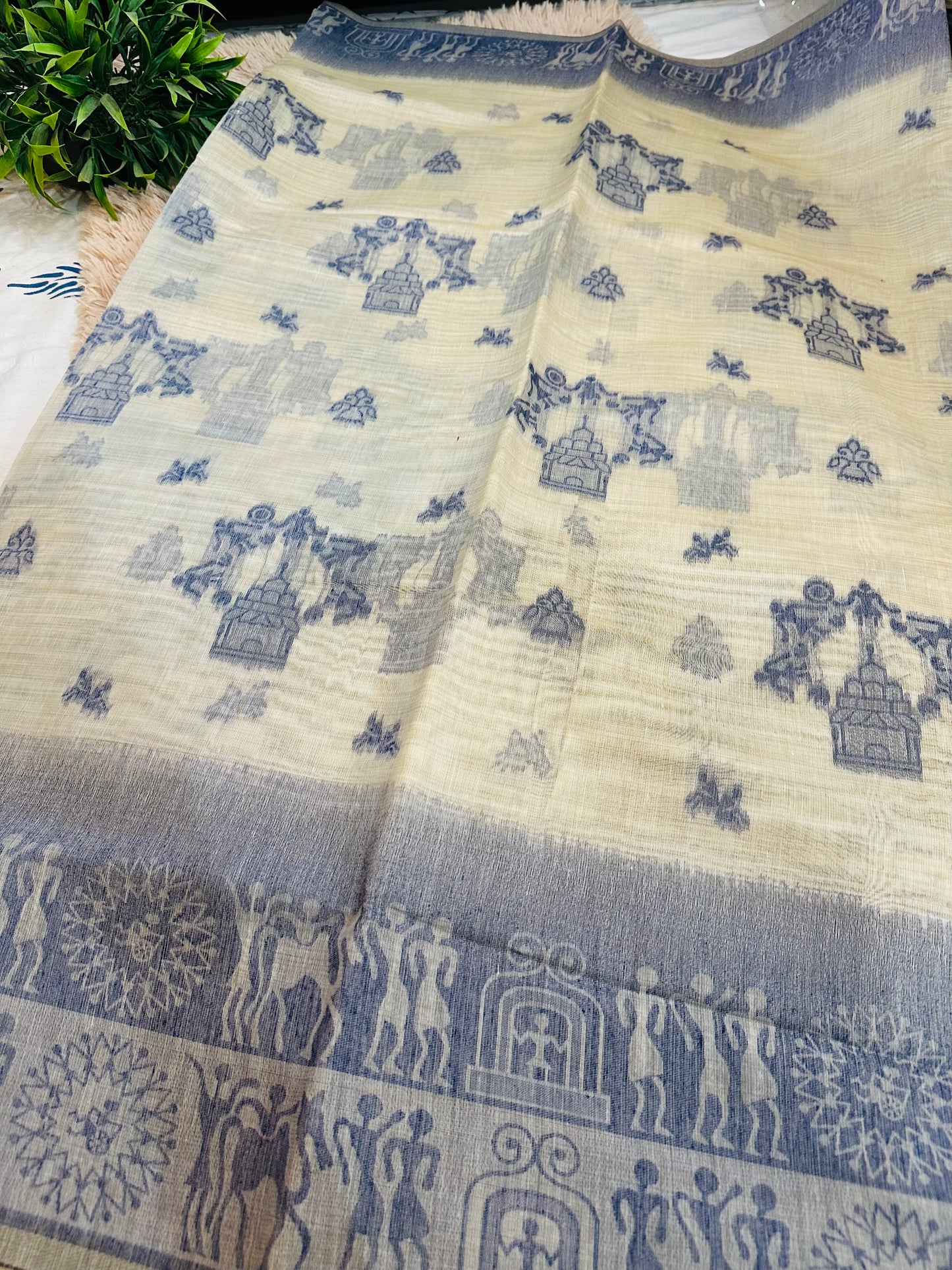 Cream and Navy Blue Warli Art Cotton Silk Saree