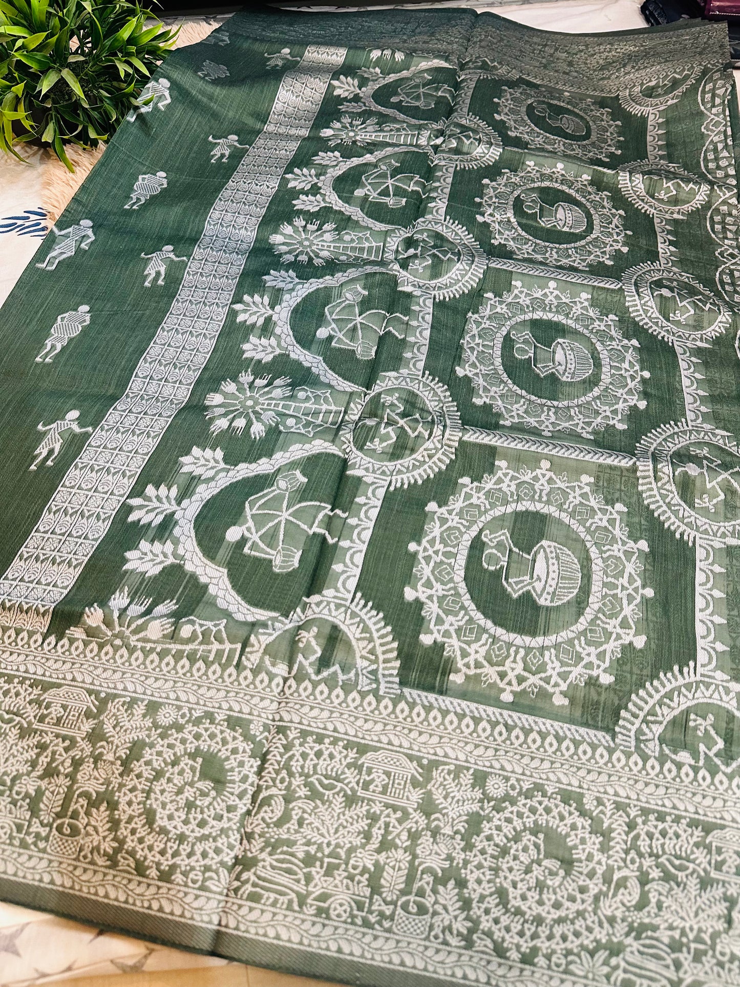 Bottle Green Warli Art Cotton Silk Saree