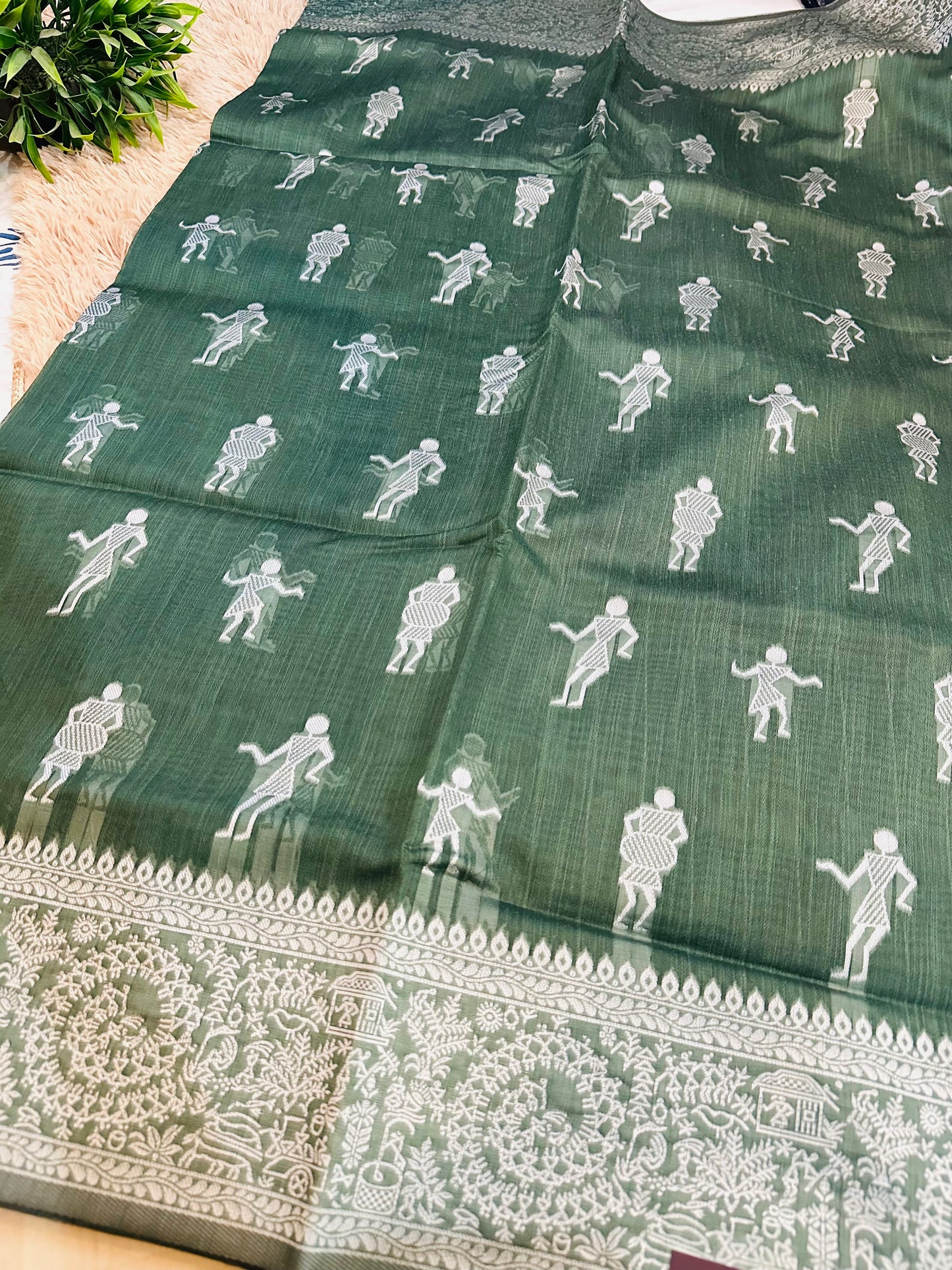 Bottle Green Warli Art Cotton Silk Saree