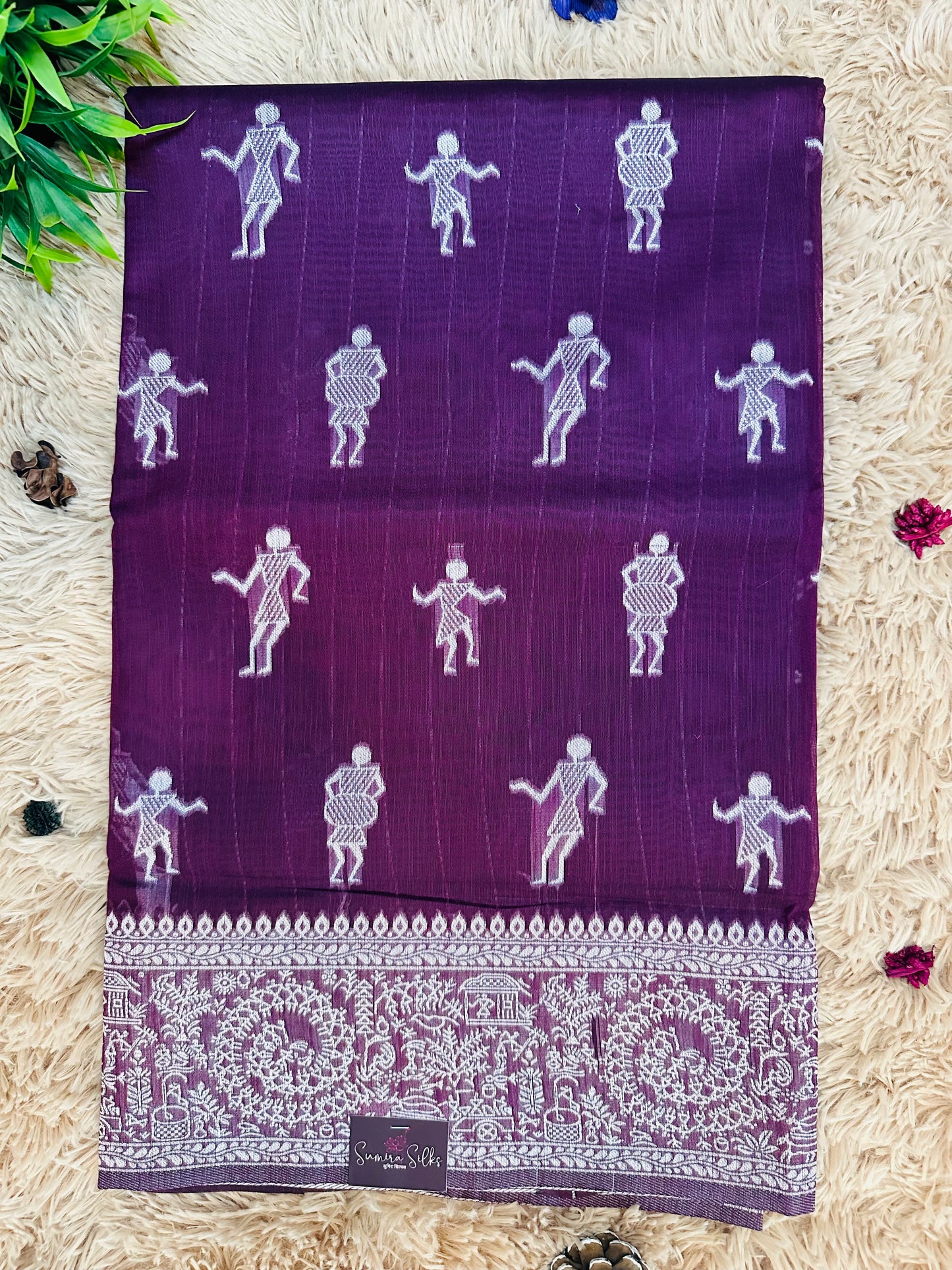 Wine Warli Art Cotton Silk Saree