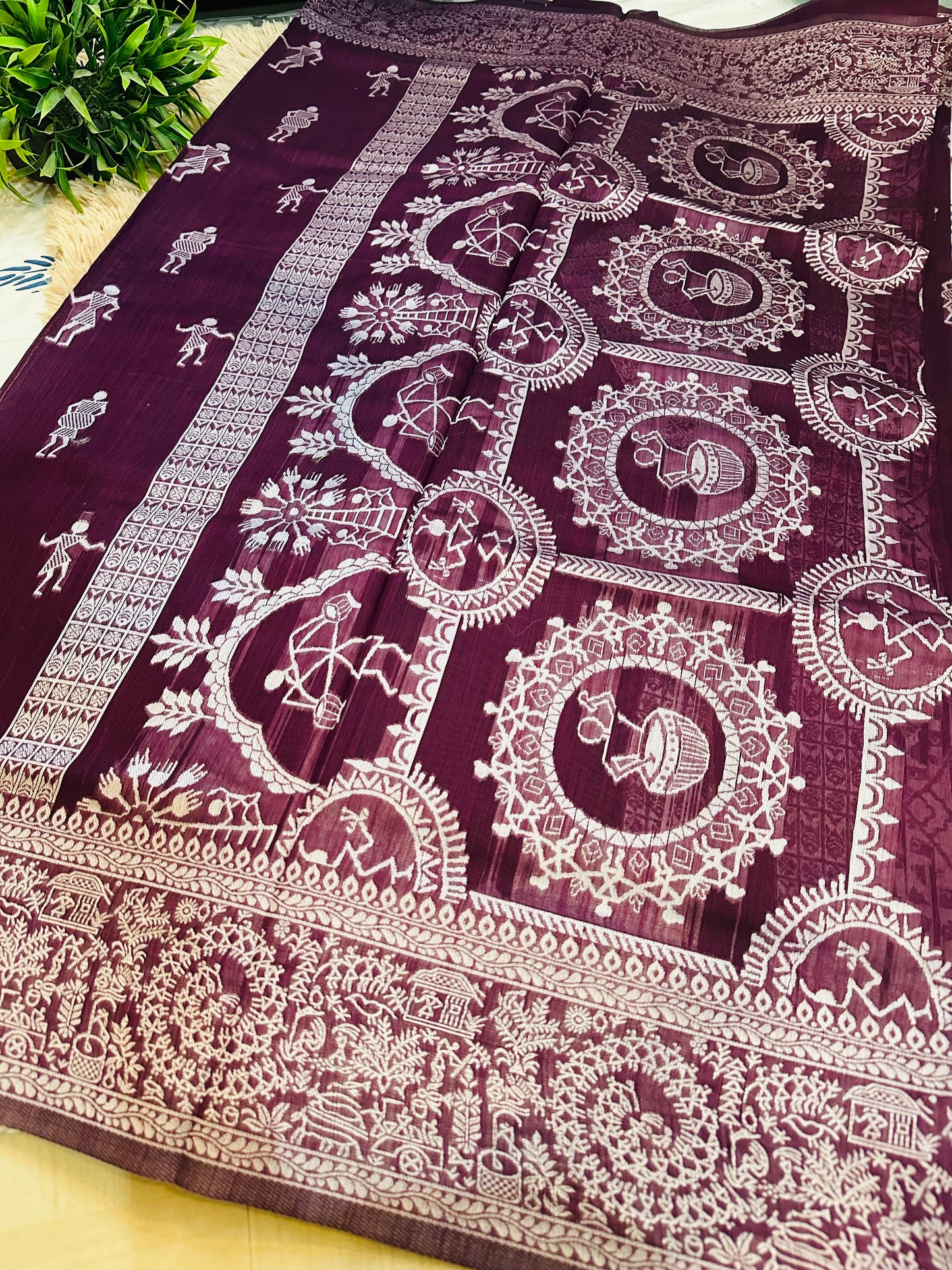 Wine Warli Art Cotton Silk Saree