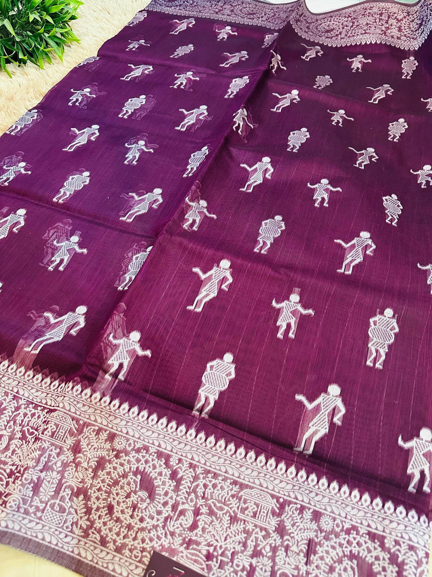 Wine Warli Art Cotton Silk Saree