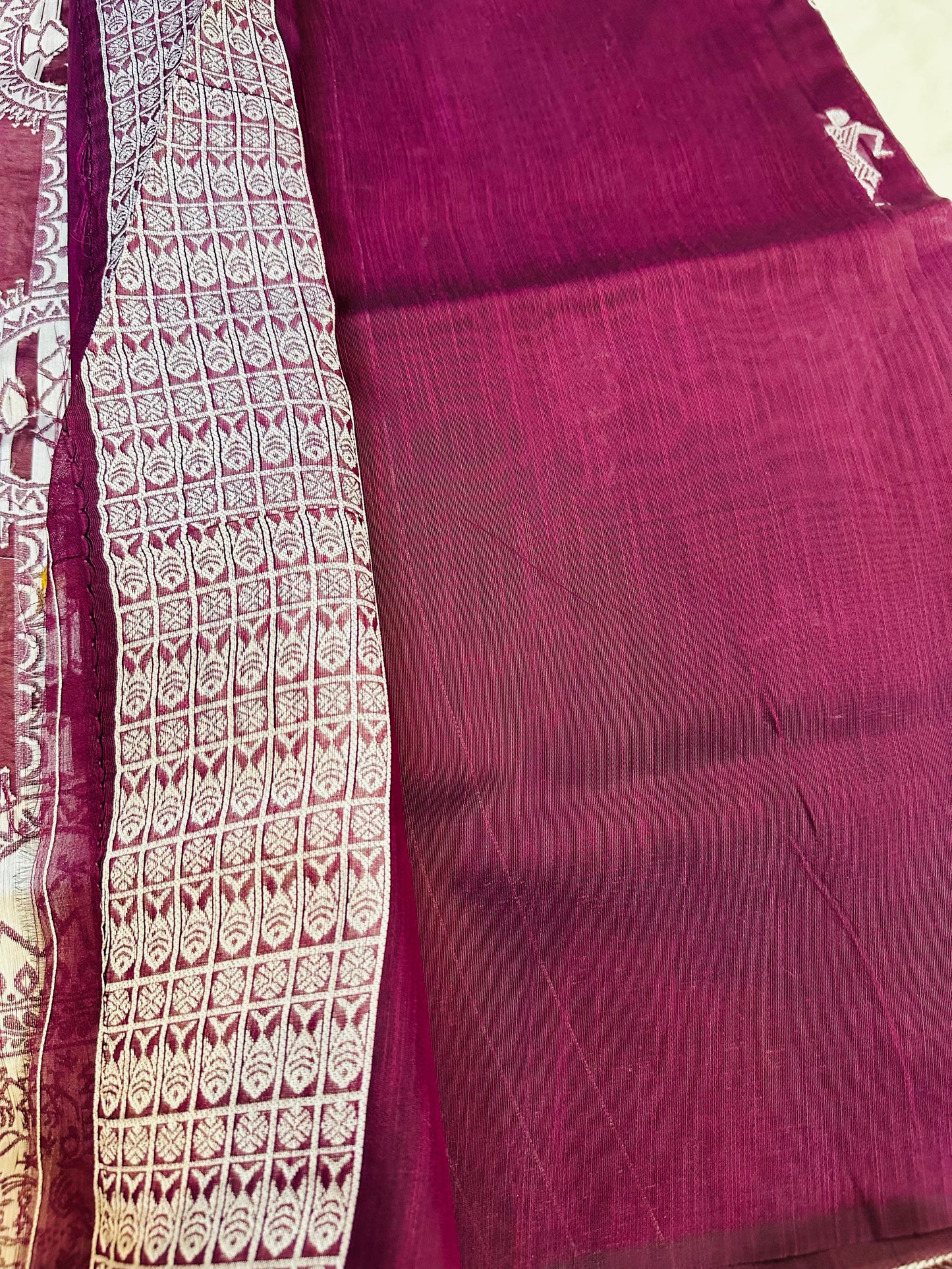 Wine Warli Art Cotton Silk Saree