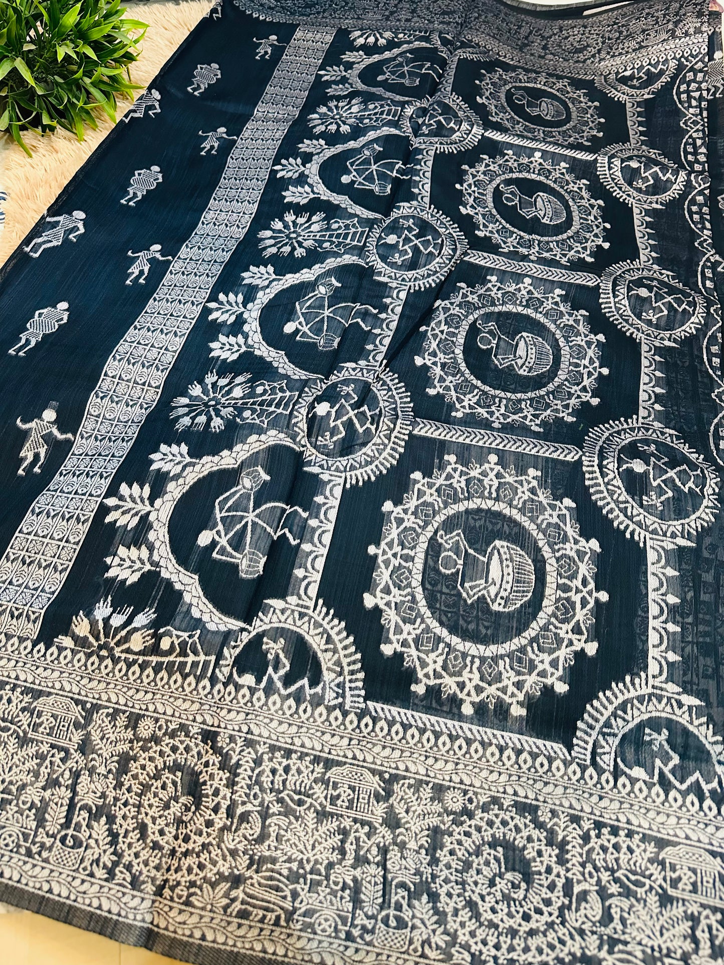 Navy Blue Warli Art Cotton Silk Saree