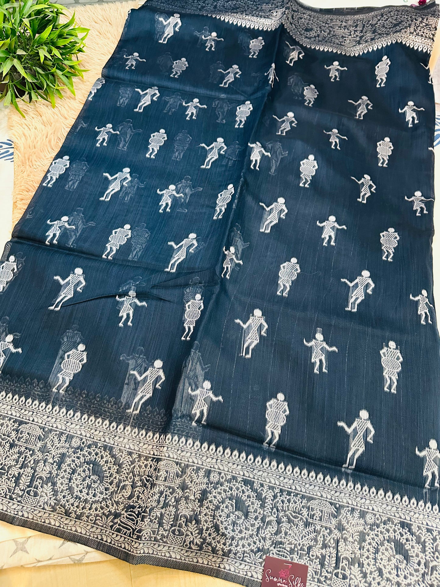 Navy Blue Warli Art Cotton Silk Saree