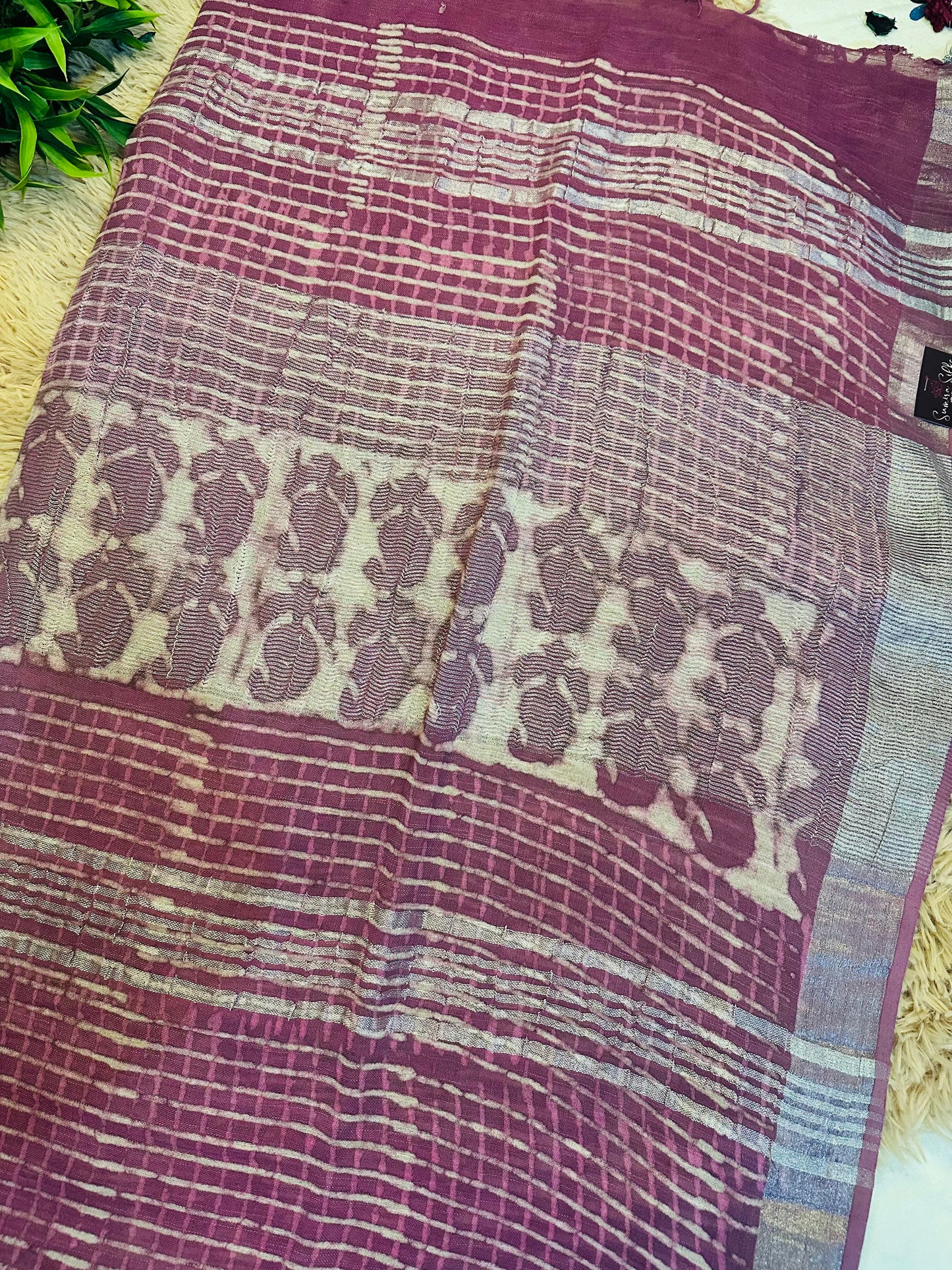 Mauve Handblock Printed Pure Linen Saree
