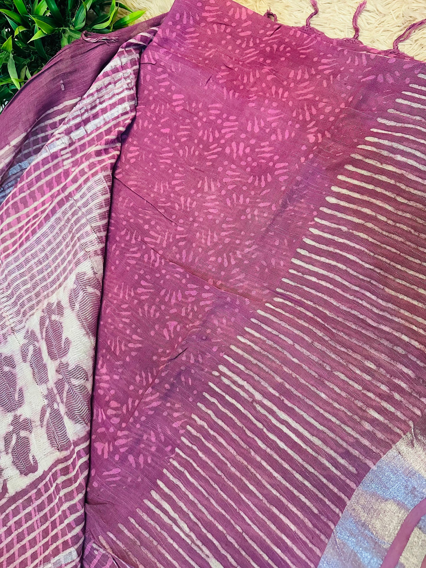 Mauve Handblock Printed Pure Linen Saree