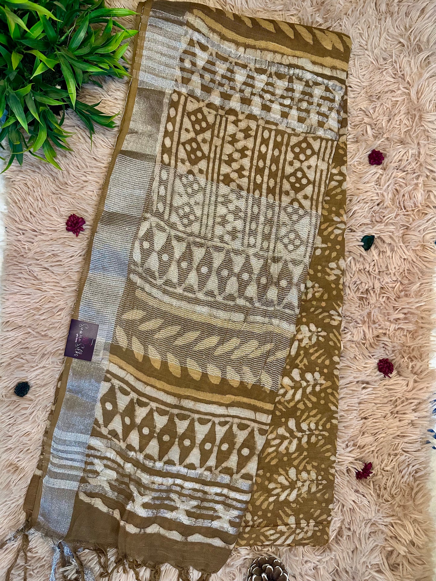 Brown Handblock Printed Pure Linen Saree