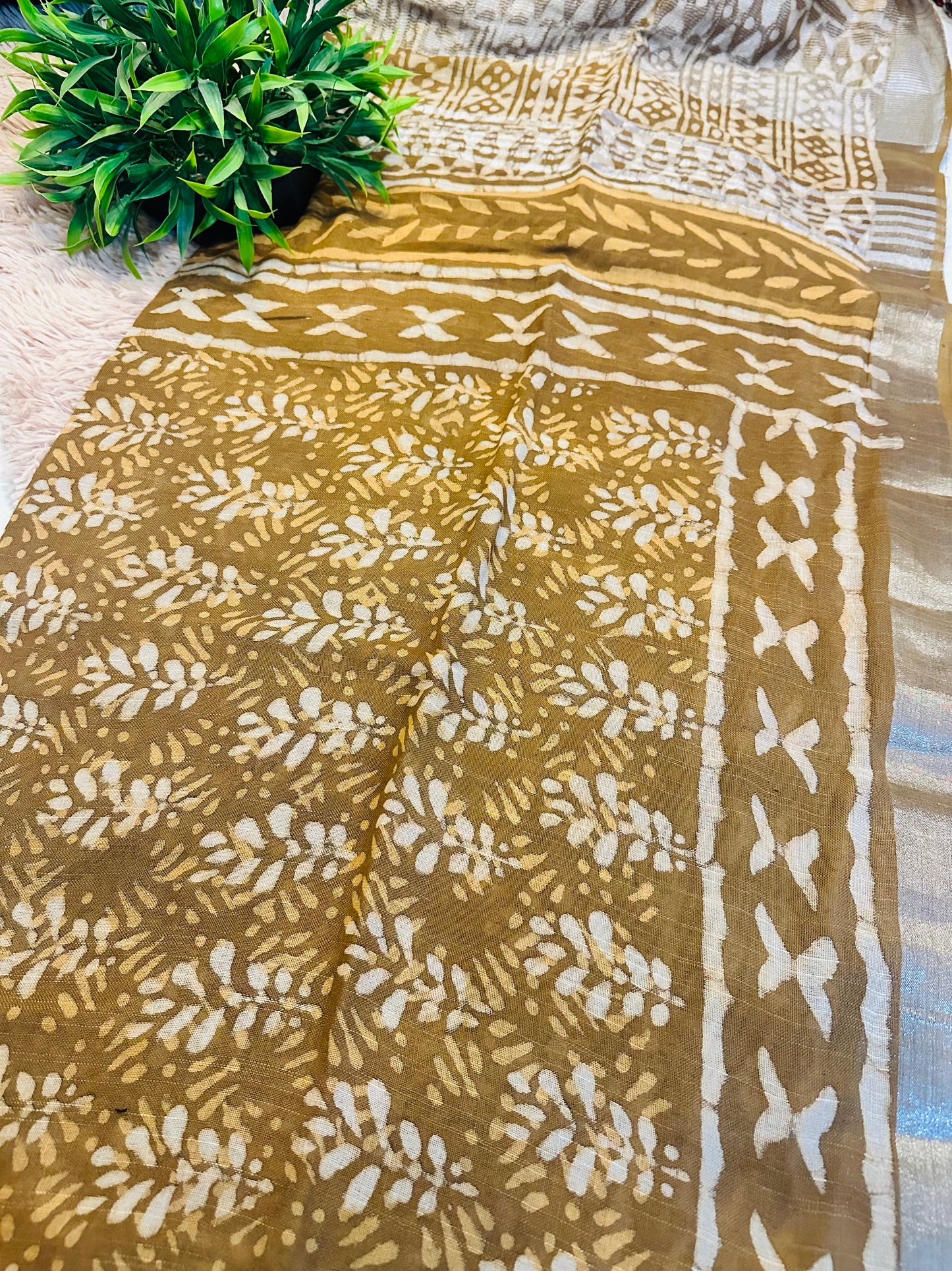 Brown Handblock Printed Pure Linen Saree