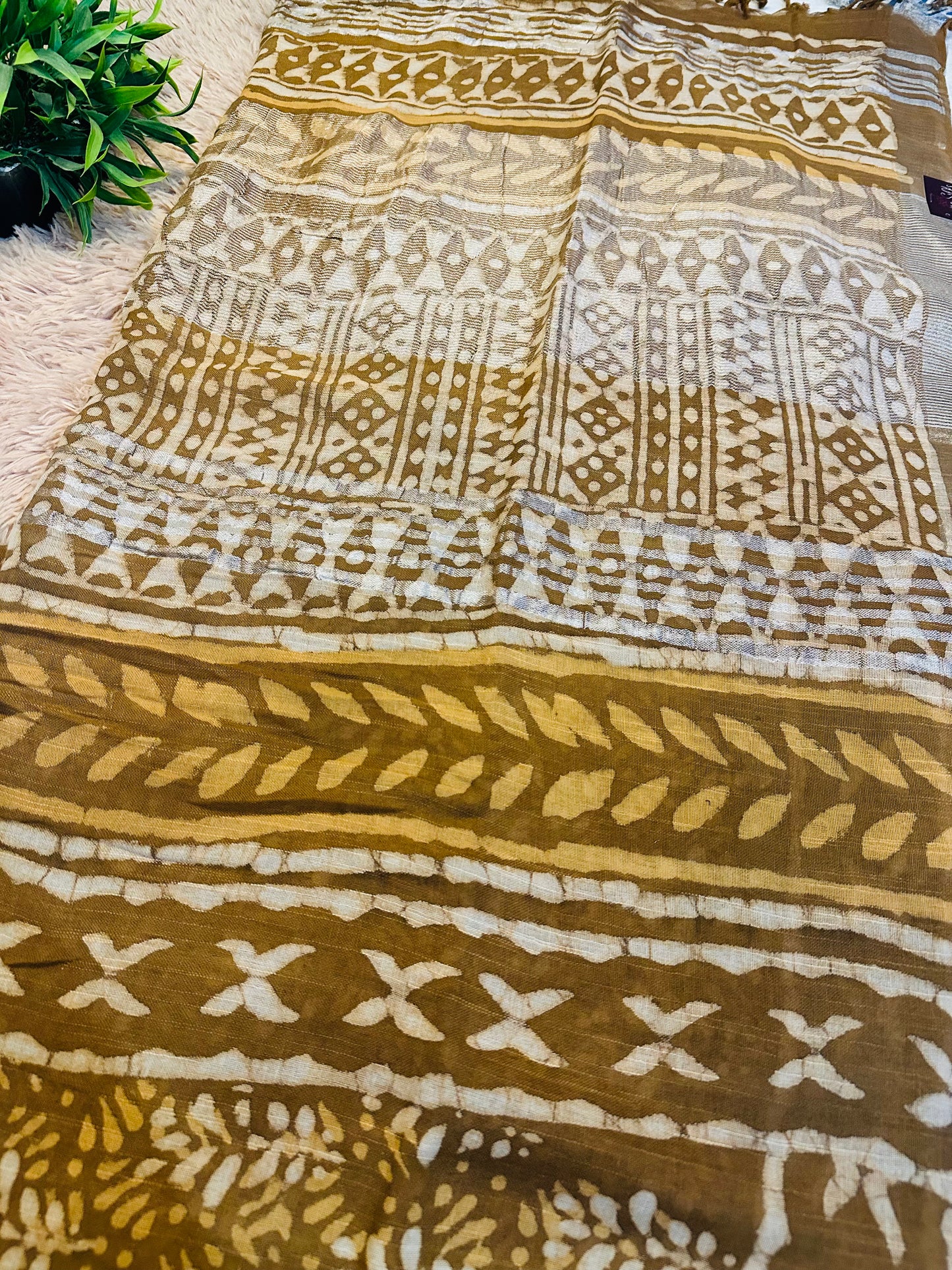 Brown Handblock Printed Pure Linen Saree