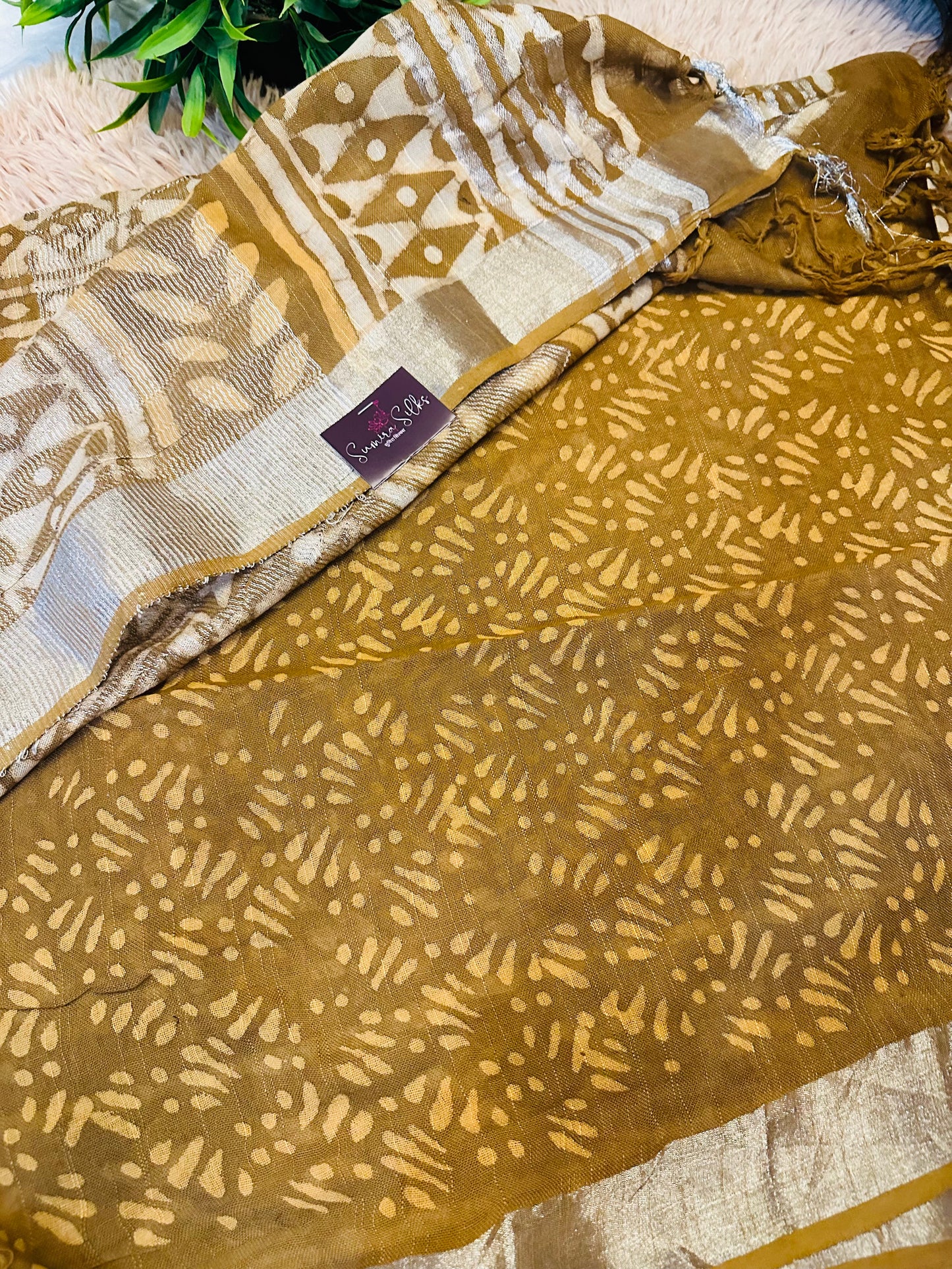 Brown Handblock Printed Pure Linen Saree