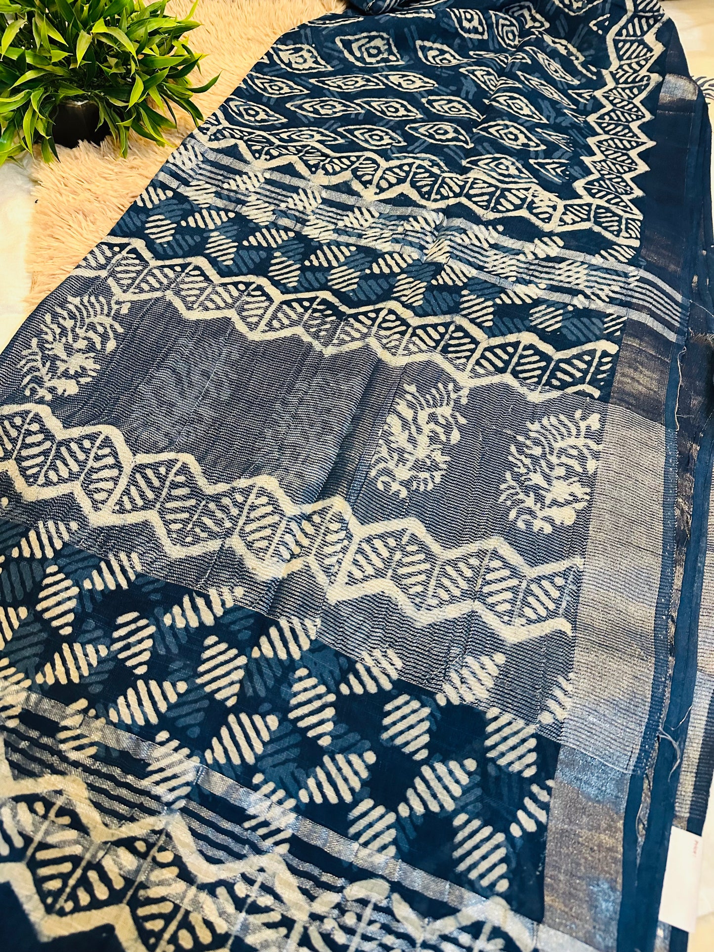 Blue Handblock Printed Pure Linen Saree