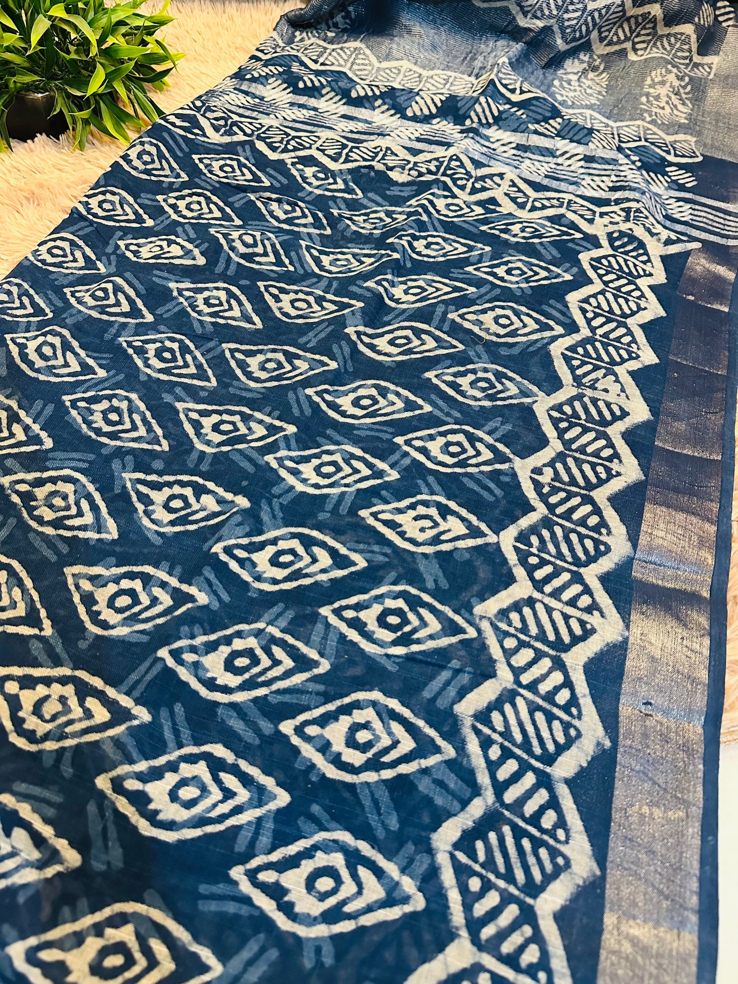 Blue Handblock Printed Pure Linen Saree