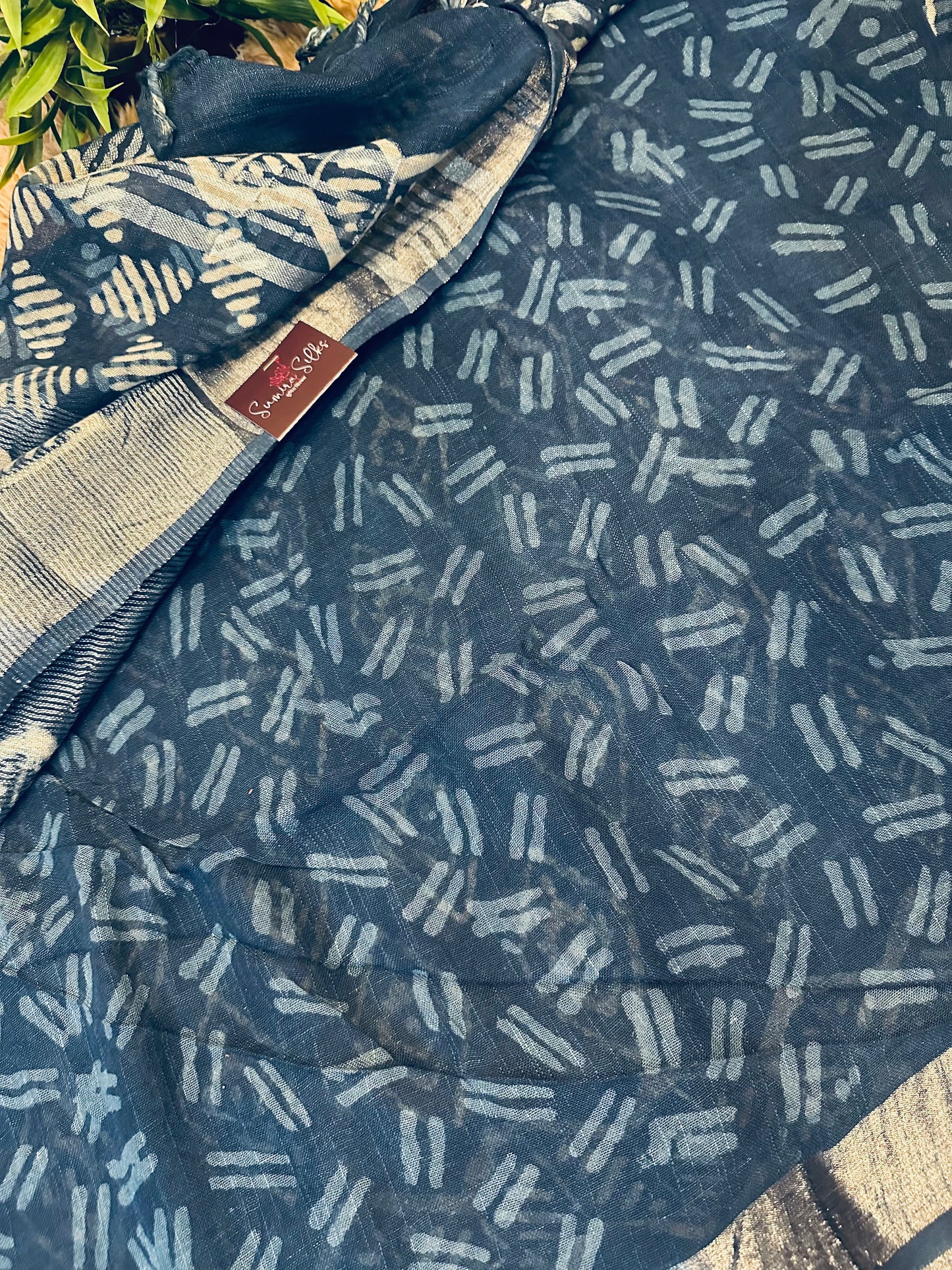 Blue Handblock Printed Pure Linen Saree