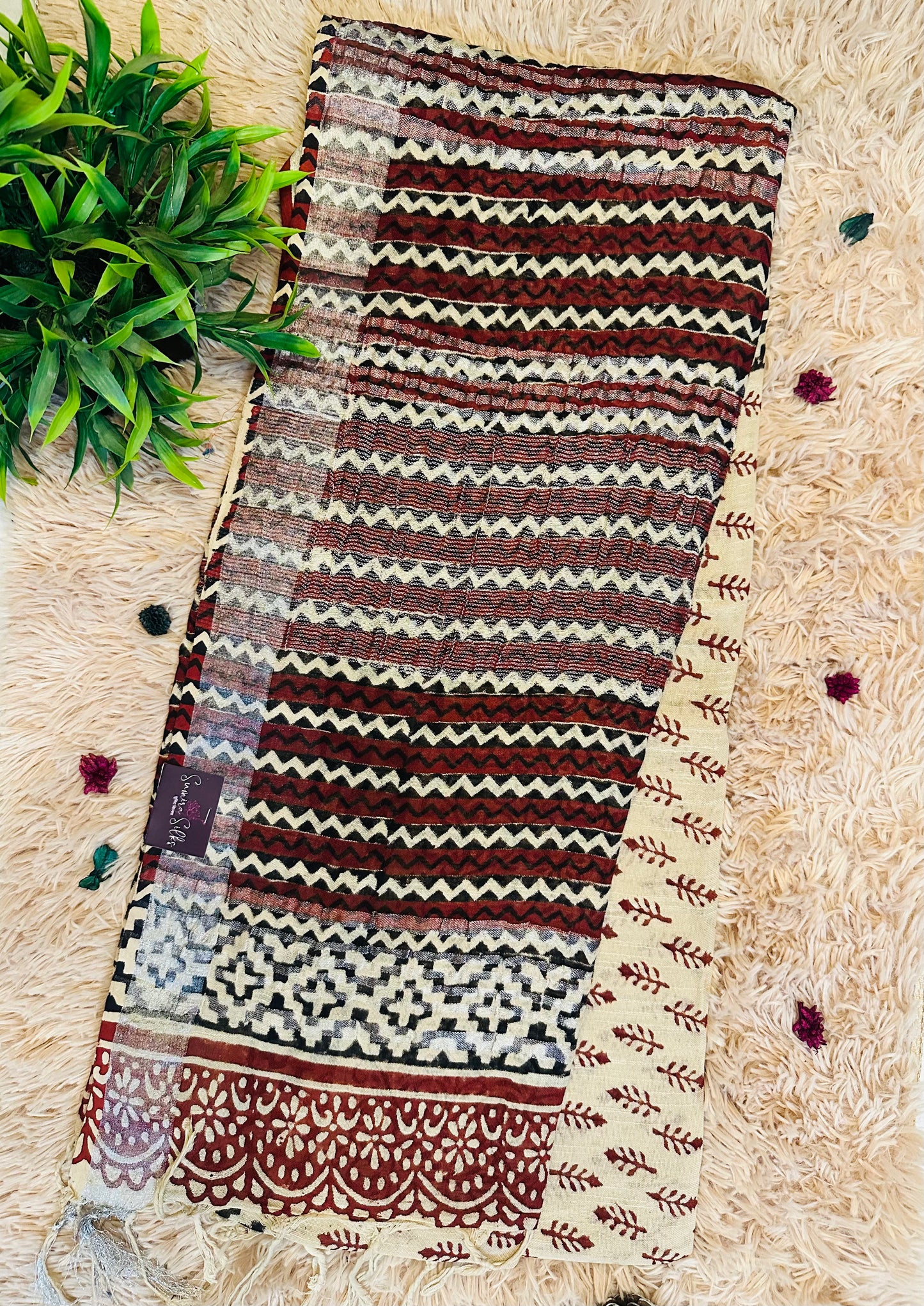 Beige Handblock Printed Pure Linen Saree