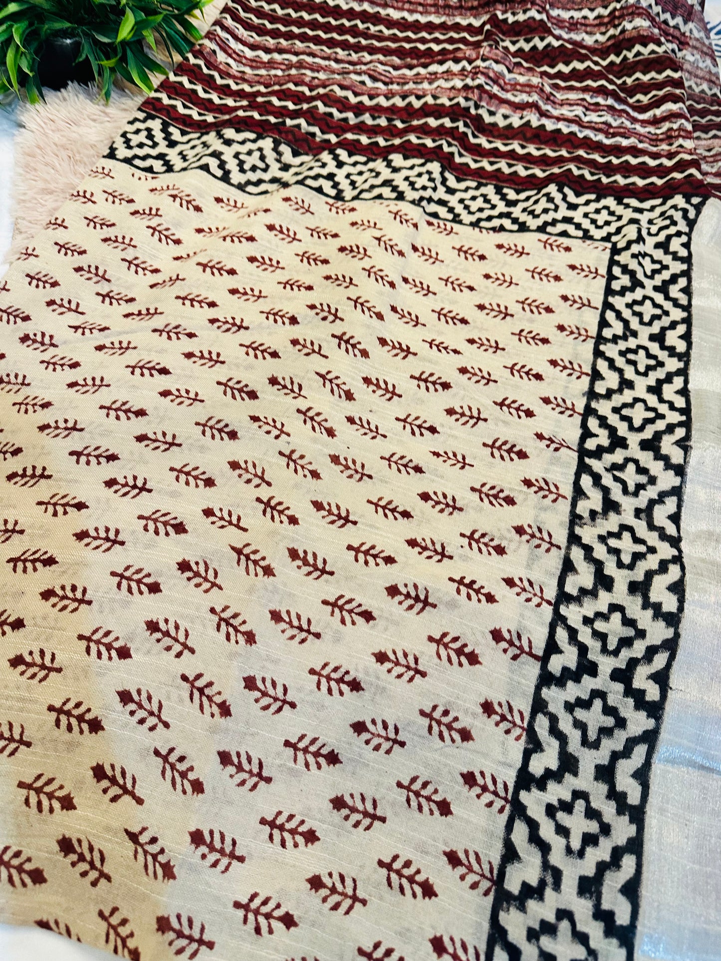 Beige Handblock Printed Pure Linen Saree