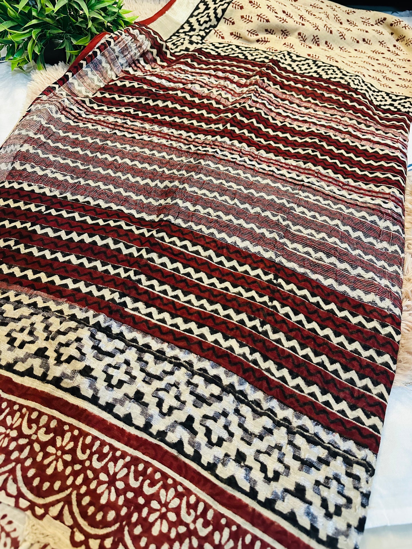 Beige Handblock Printed Pure Linen Saree