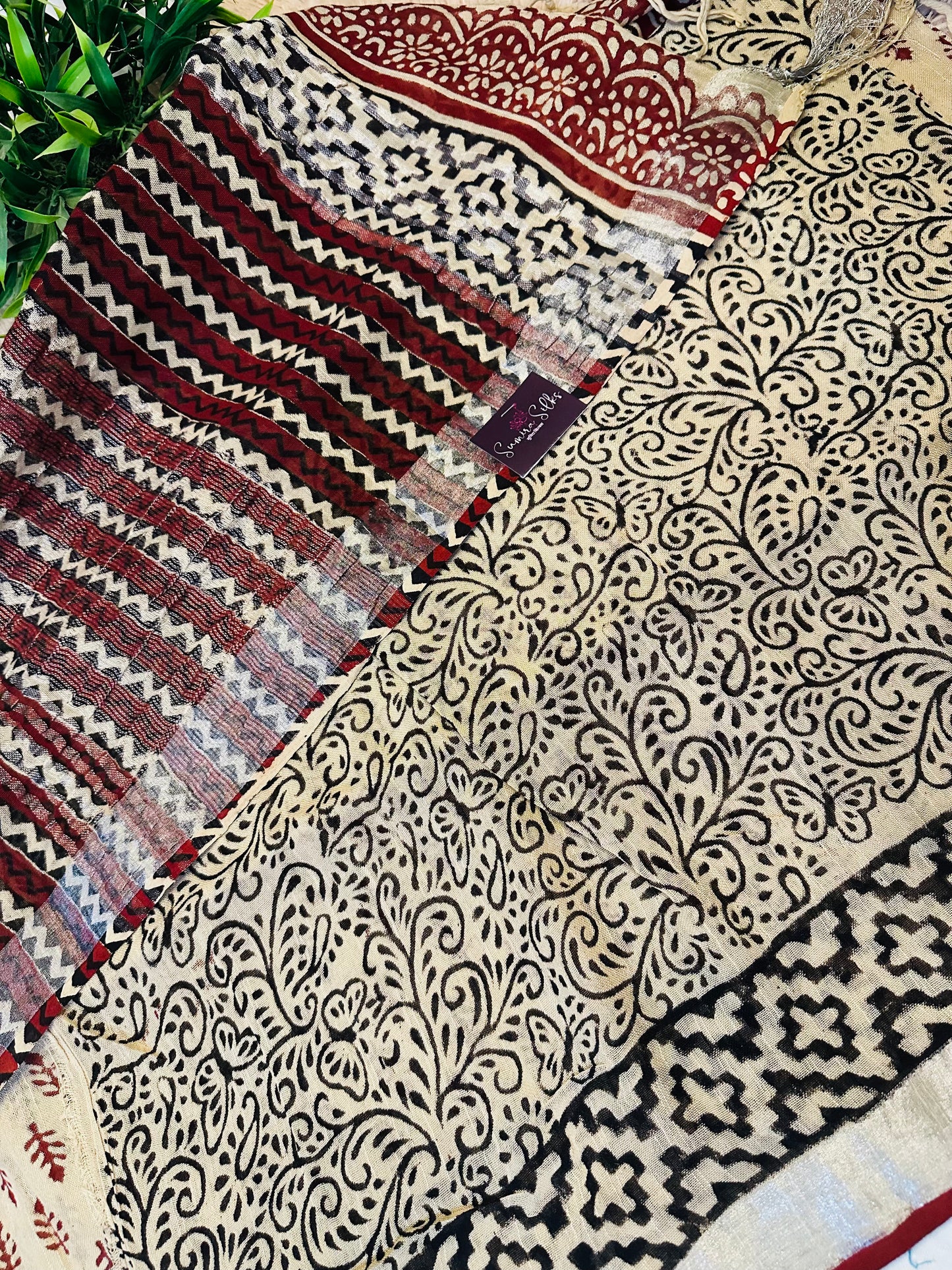 Beige Handblock Printed Pure Linen Saree