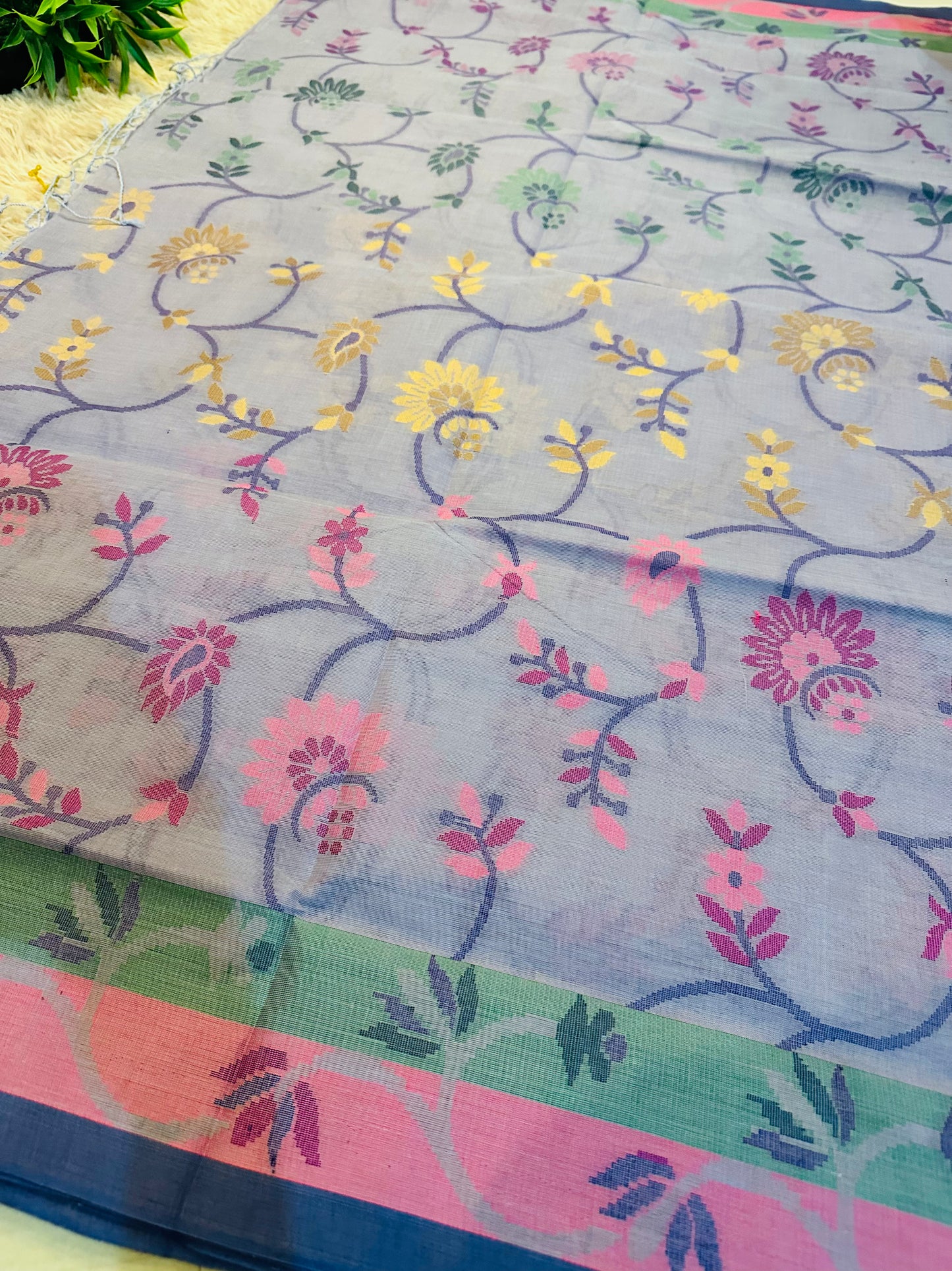 Ink Blue Pure Handloom Cotton Jamdani Saree