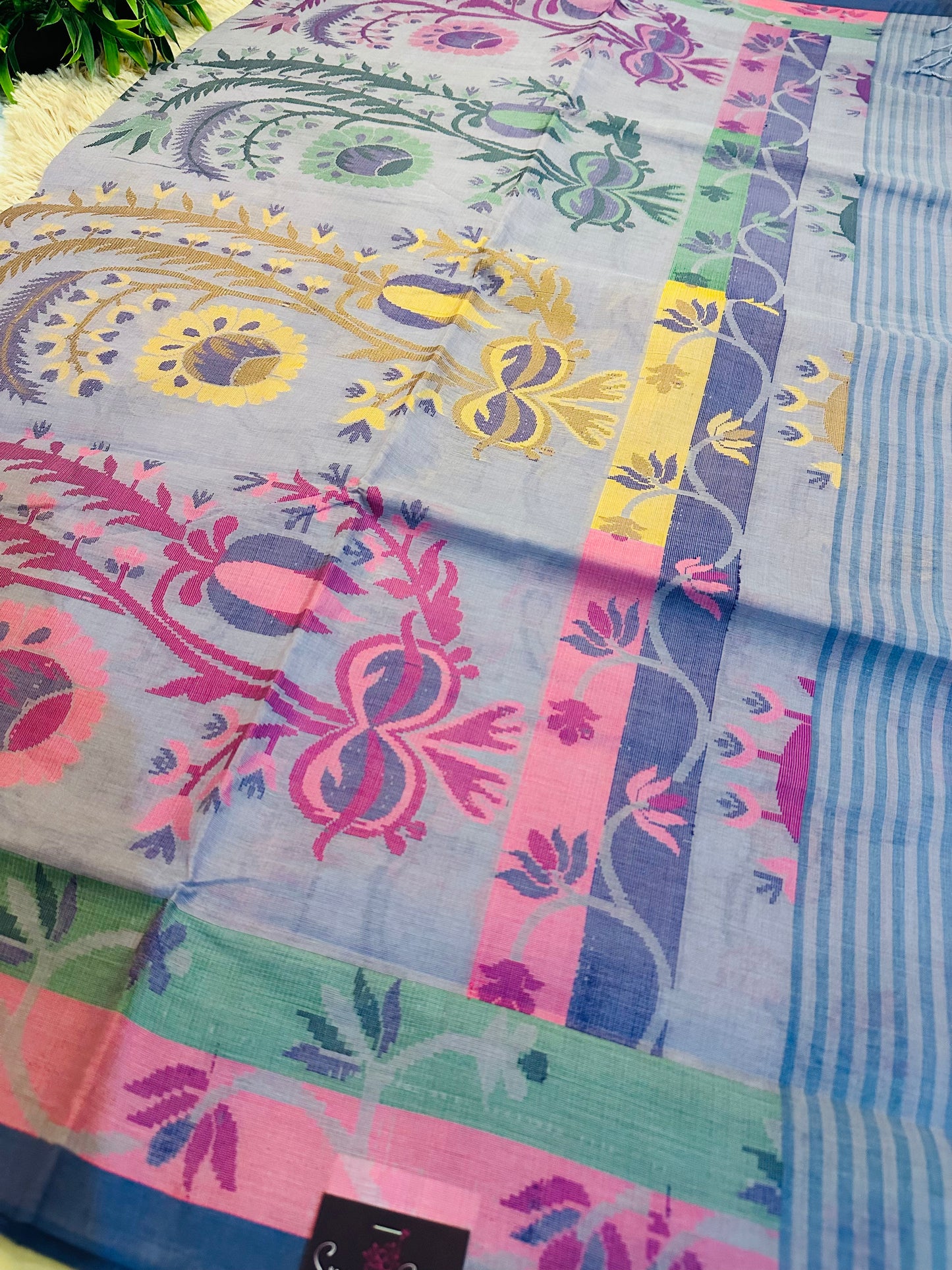 Ink Blue Pure Handloom Cotton Jamdani Saree