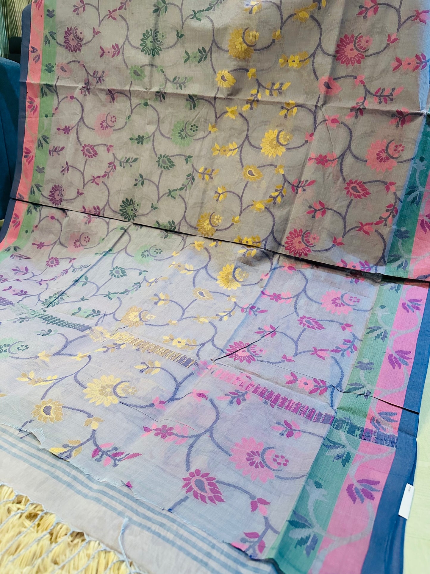Ink Blue Pure Handloom Cotton Jamdani Saree