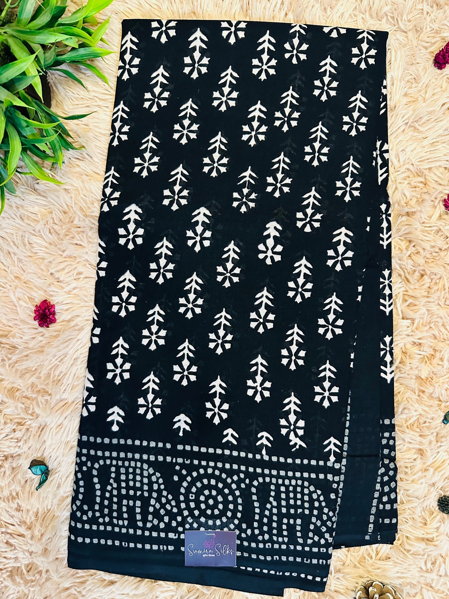 Black Pure Mul Cotton Hand Block Printed Saree