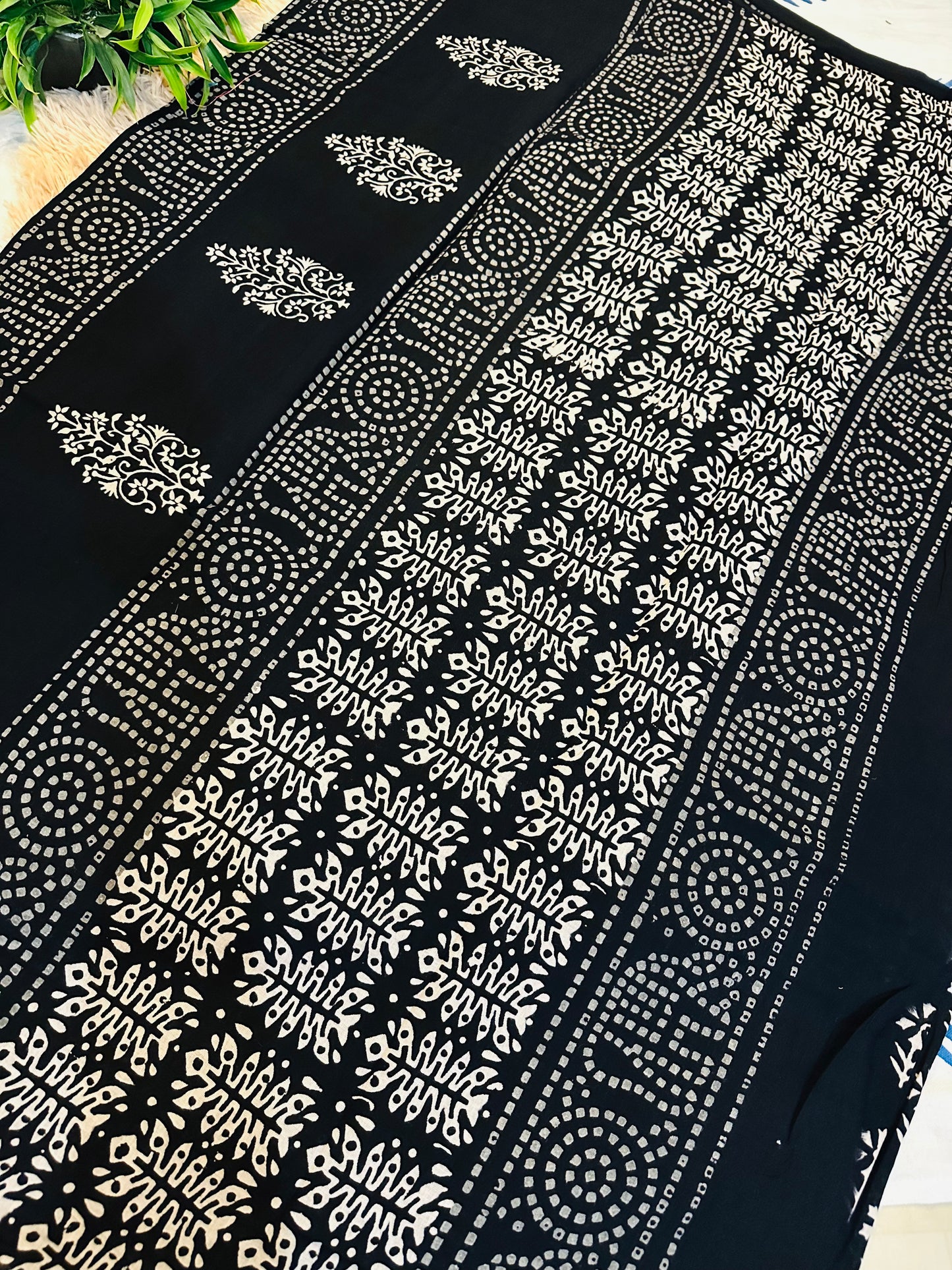 Black Pure Mul Cotton Hand Block Printed Saree