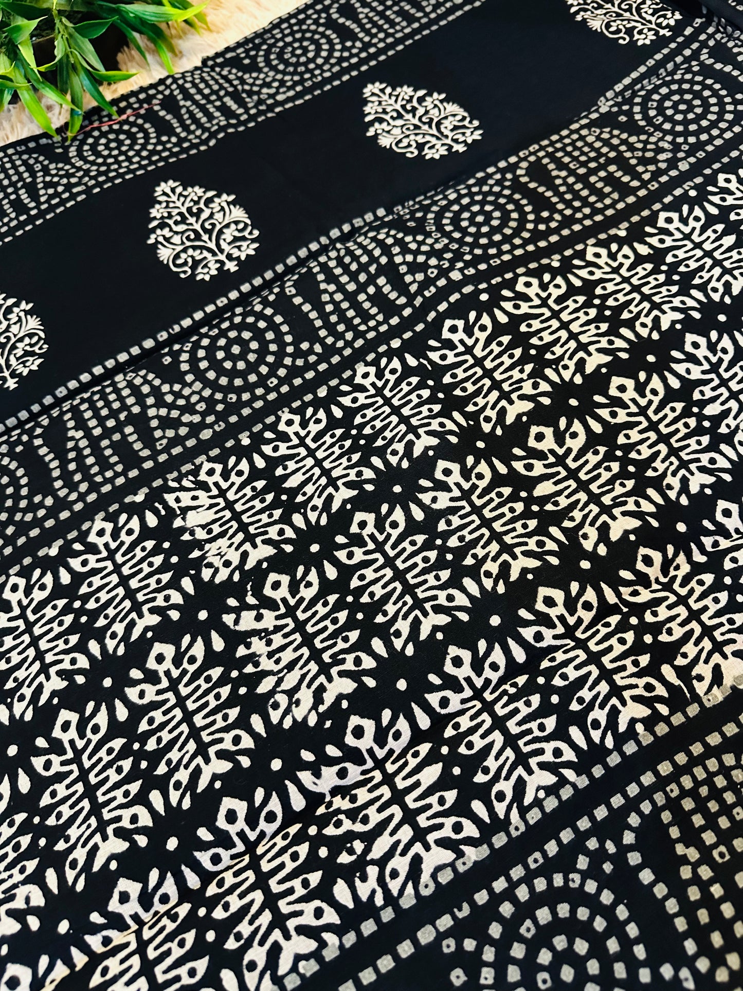 Black Pure Mul Cotton Hand Block Printed Saree