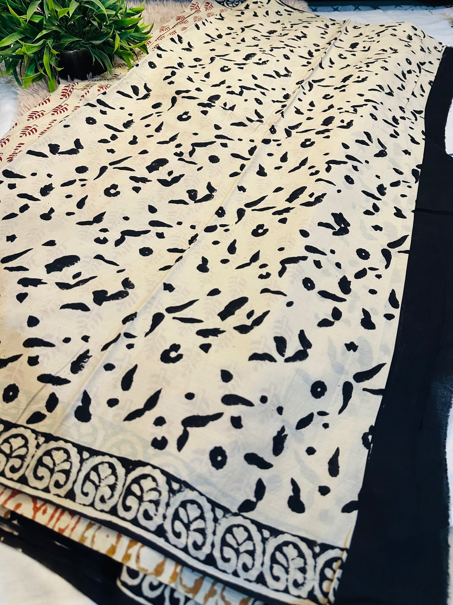 Beige Pure Mul Cotton Hand Block Printed Saree