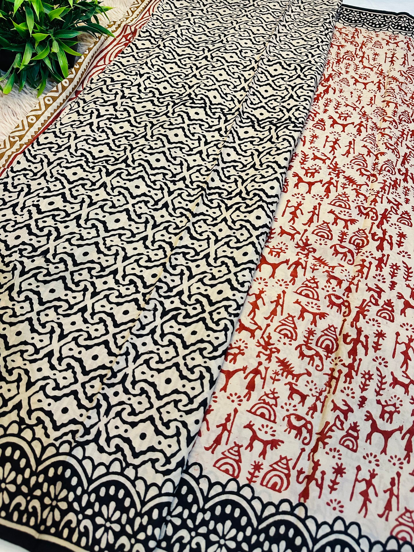 Beige Pure Mul Cotton Hand Block Printed Saree