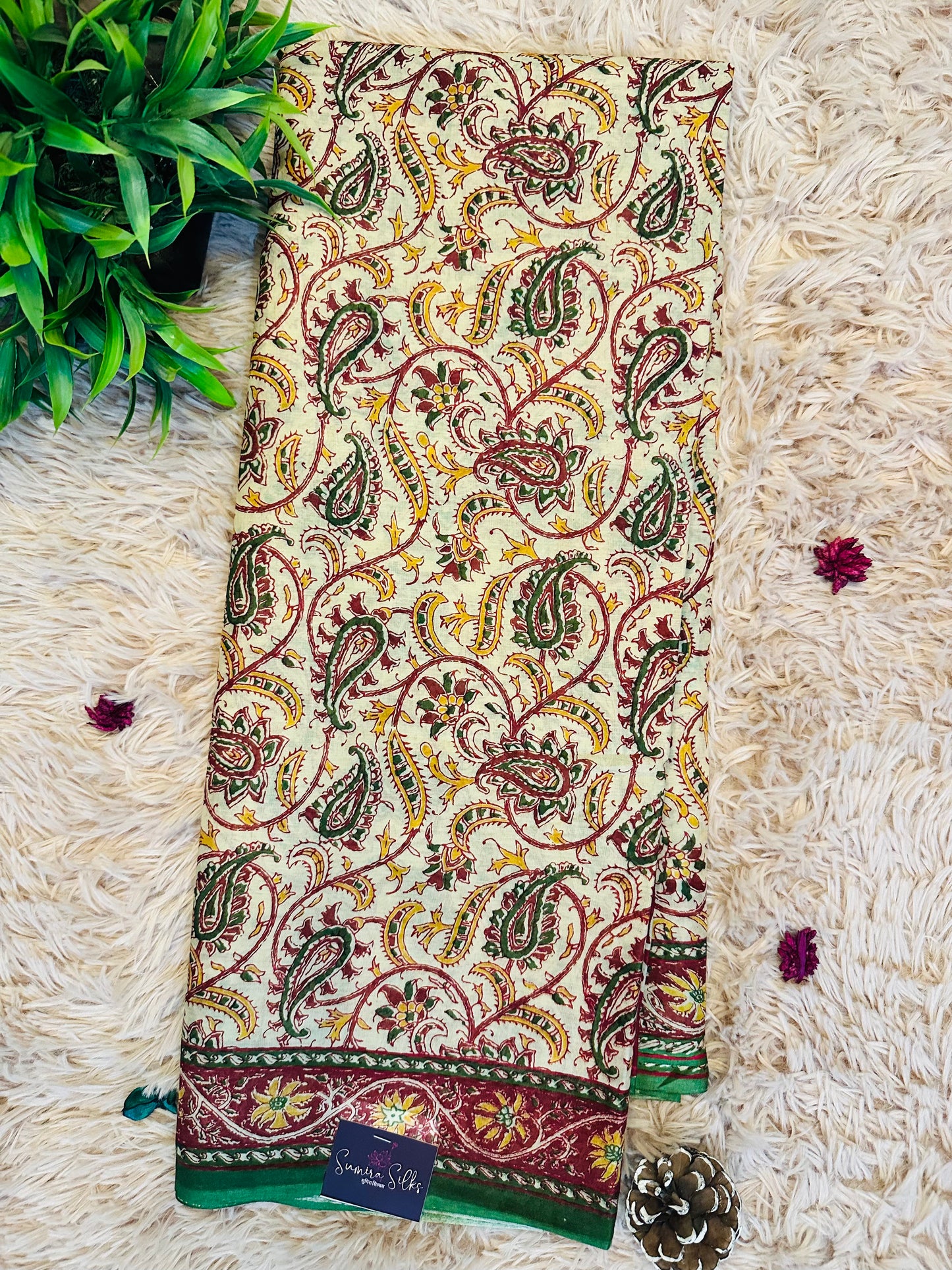 Beige Pure Mul Cotton Hand Block Printed Saree