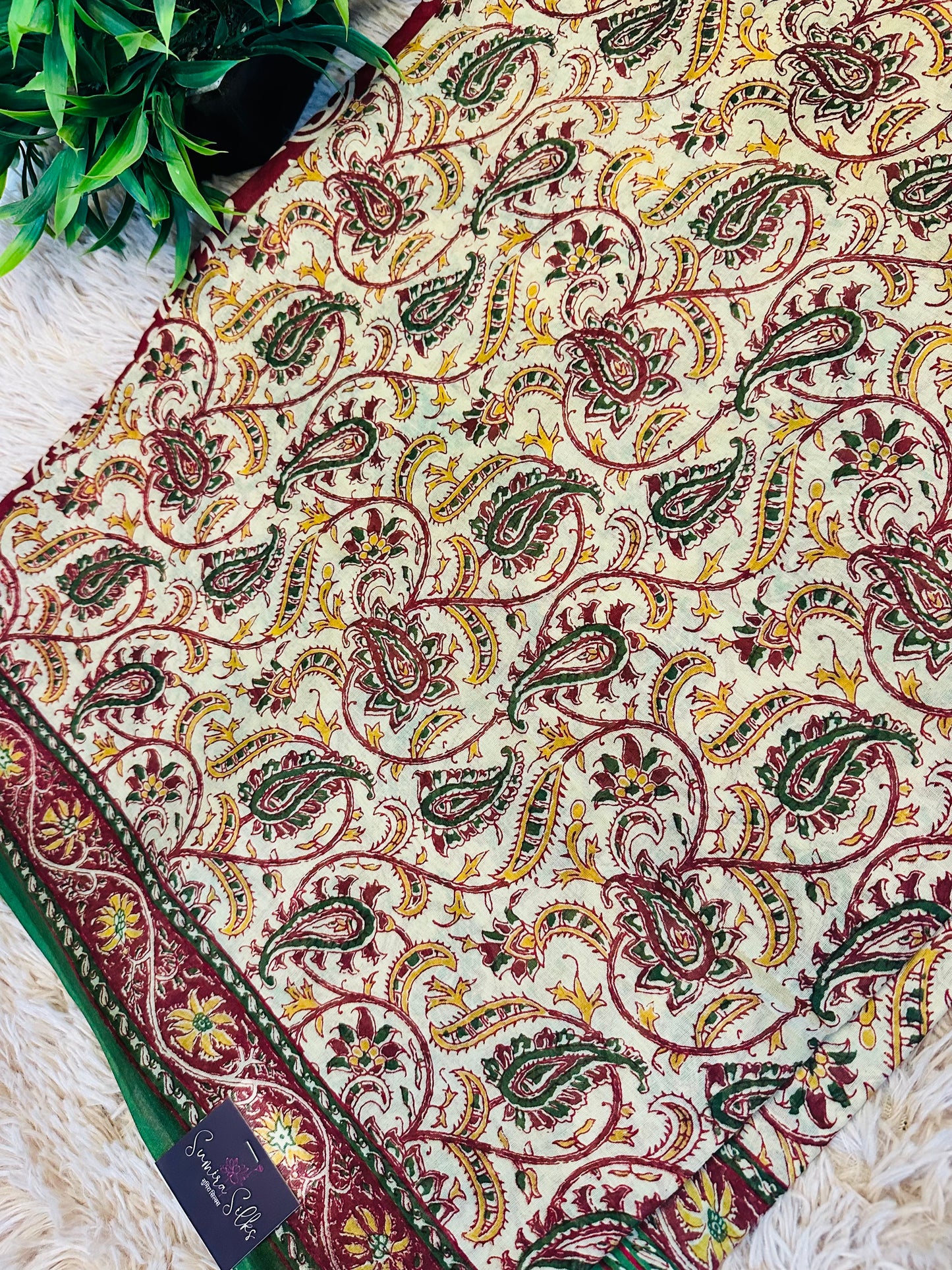 Beige Pure Mul Cotton Hand Block Printed Saree