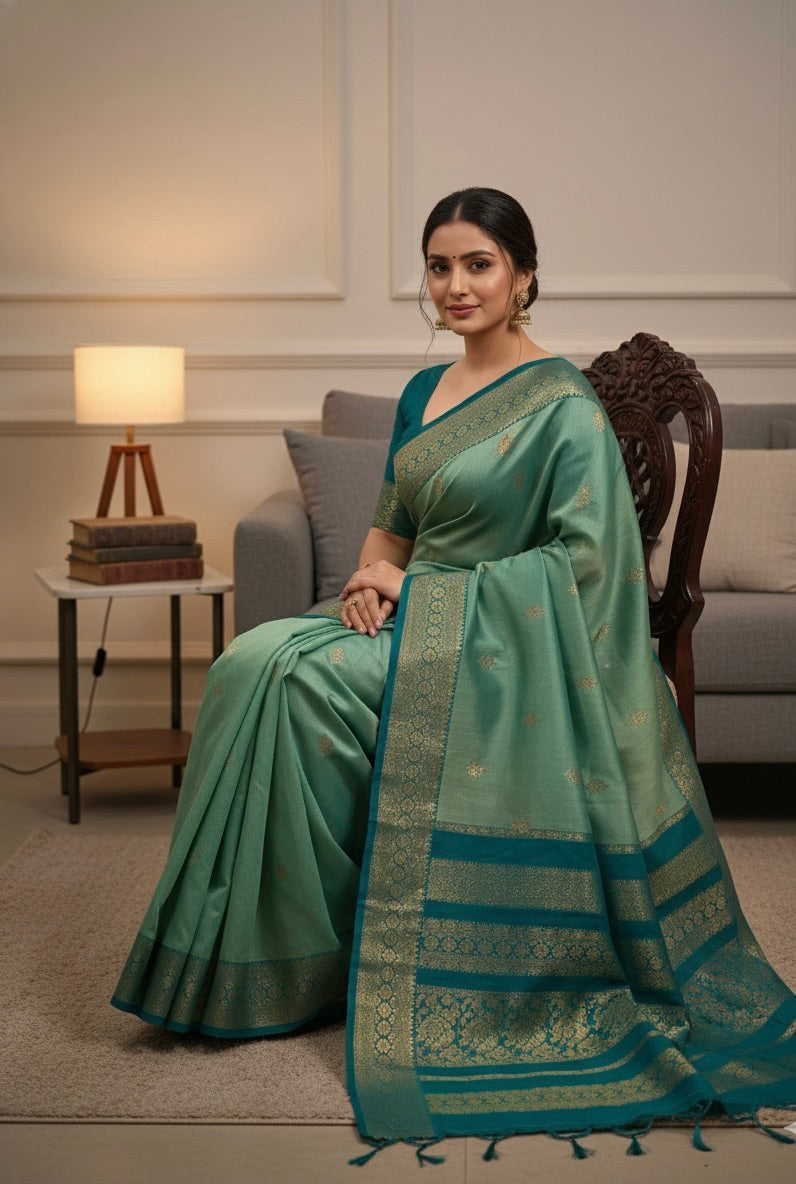 Pastel Teal Blue Pure Kalyani Cotton Saree