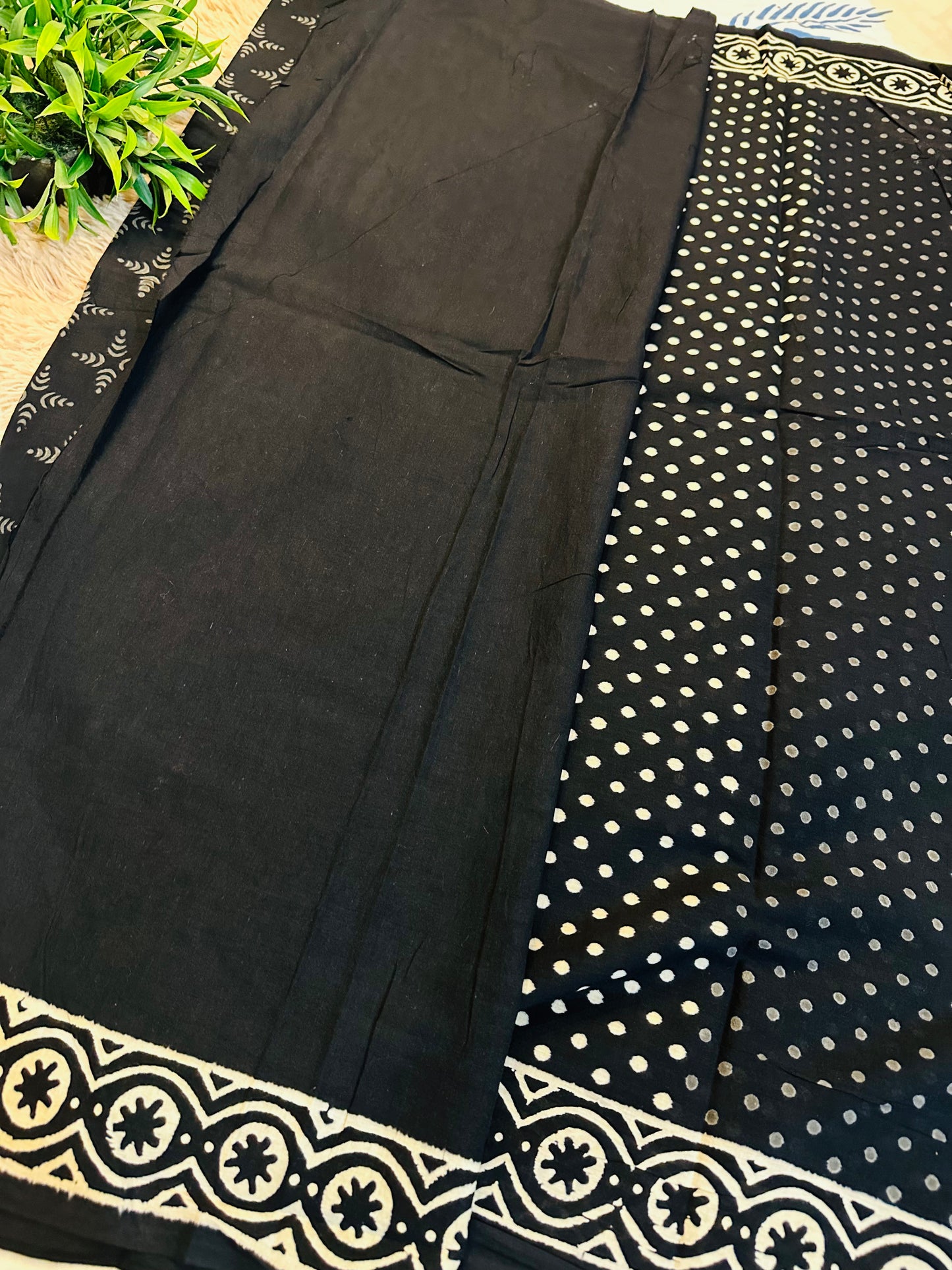 Black Pure Mul Cotton Hand Block Printed Saree