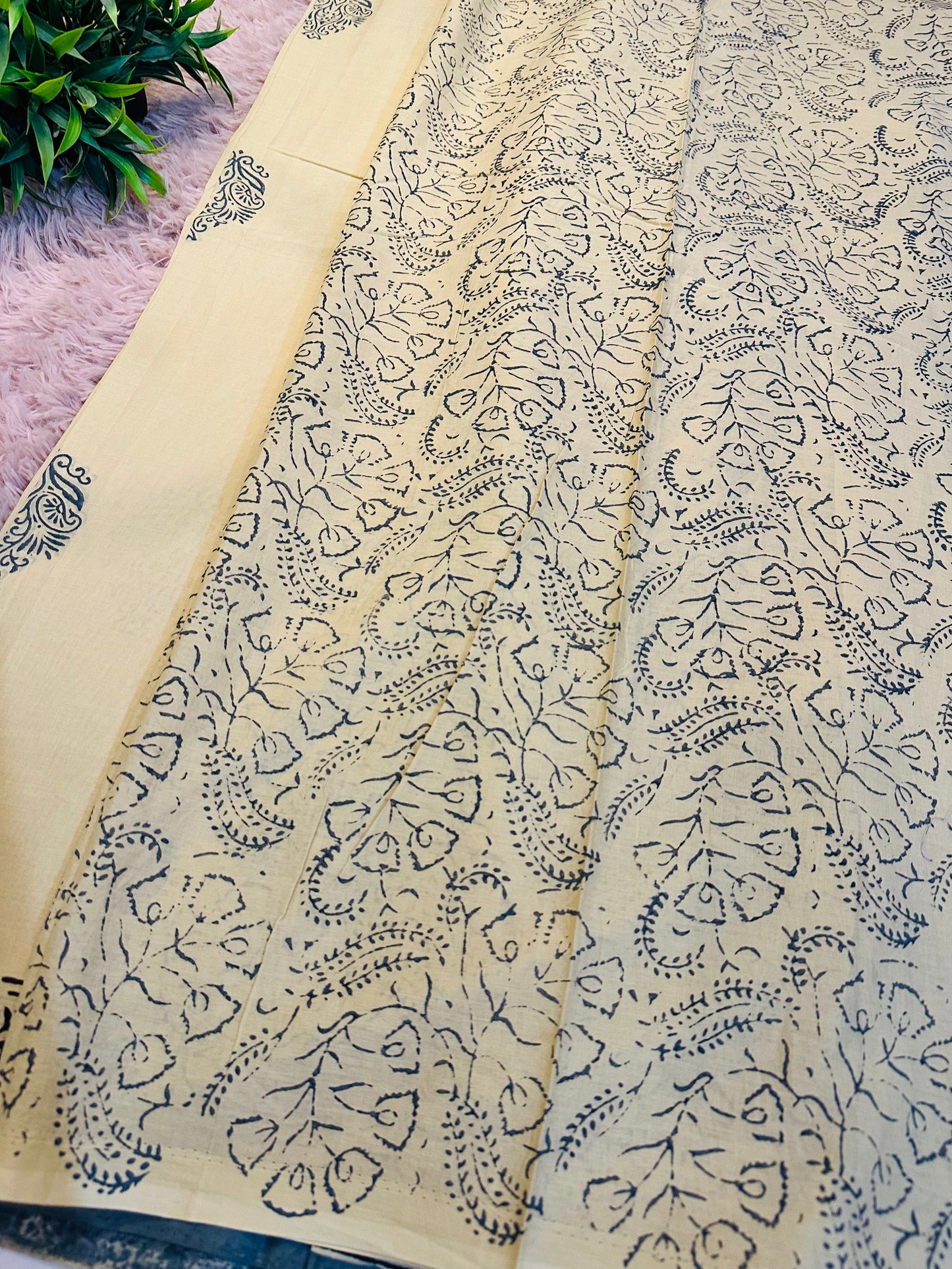 Beige Pure Mul Cotton Hand Block Printed Saree