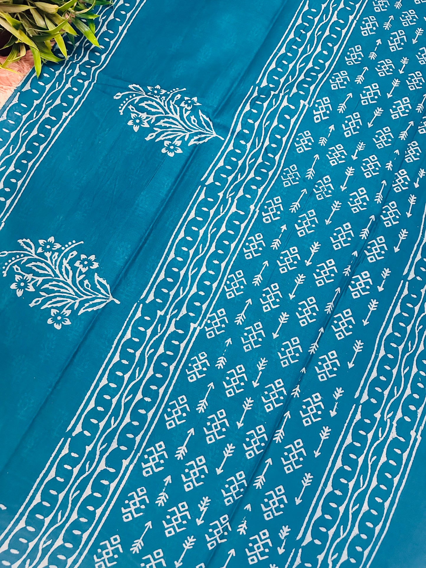 Blue Pure Mul Cotton Hand Block Printed Saree