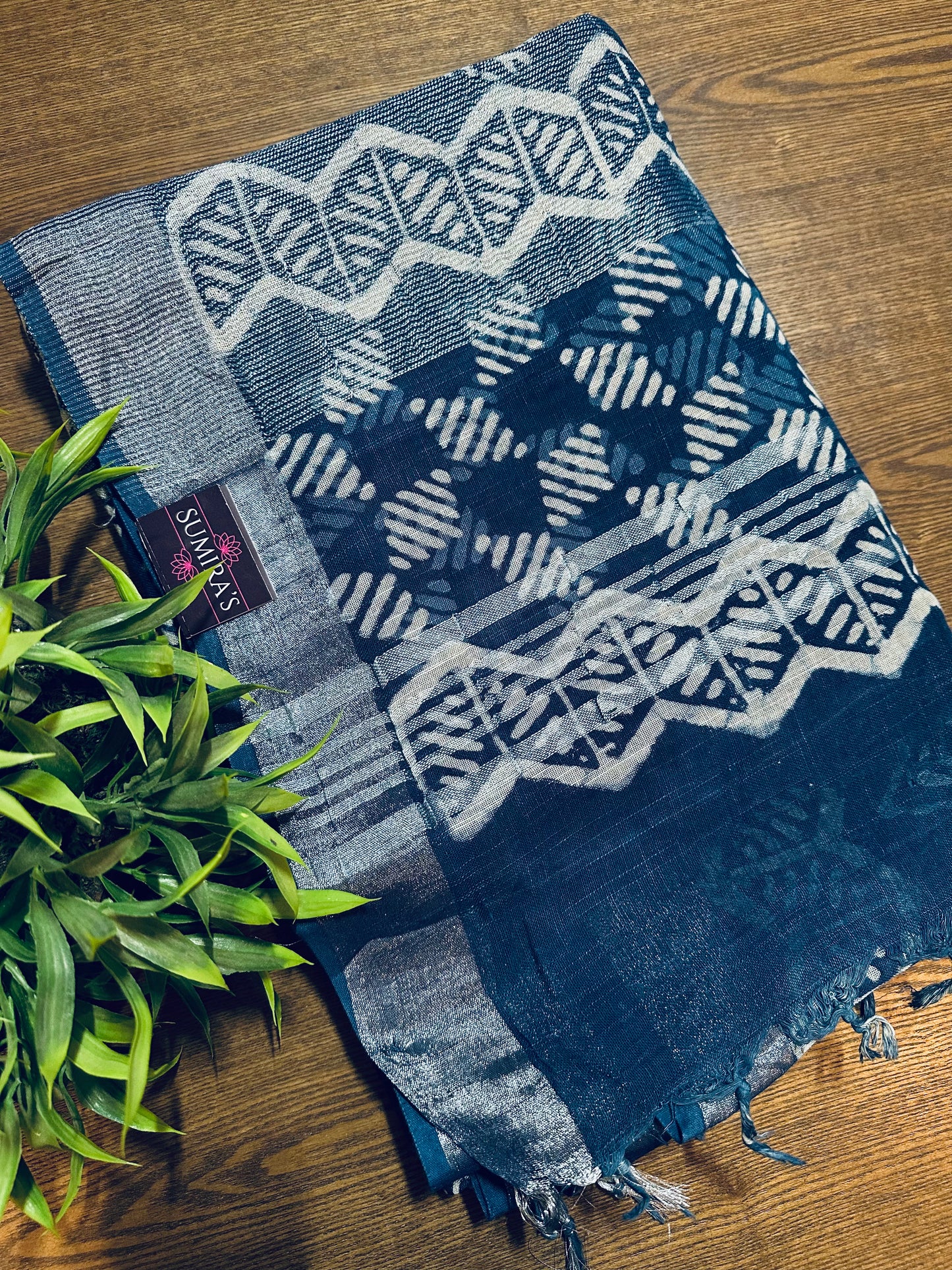 Blue Handblock Printed Pure Linen Saree