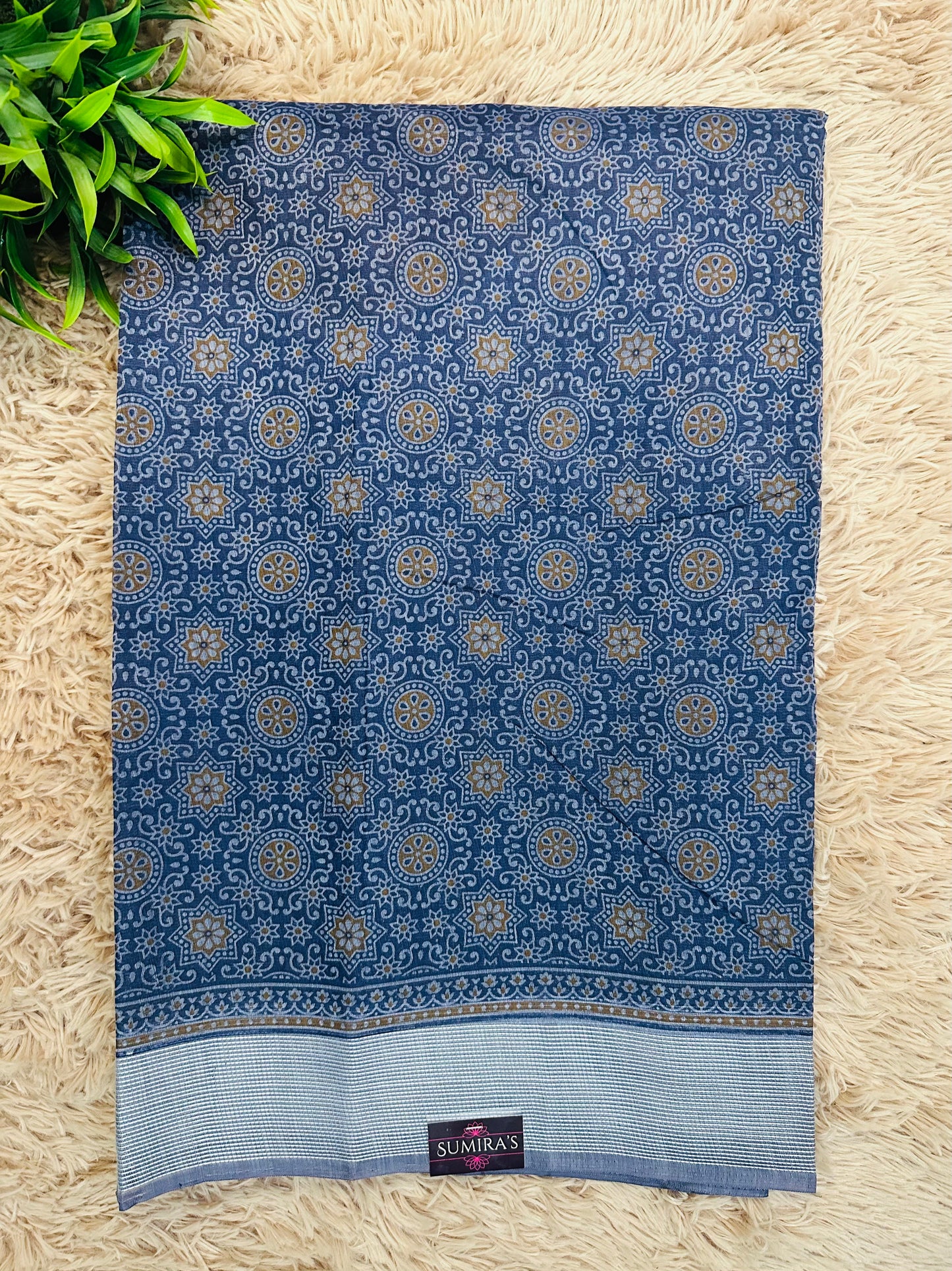 Daffane Blue Chanderi Cotton Ajrakh Printed Saree