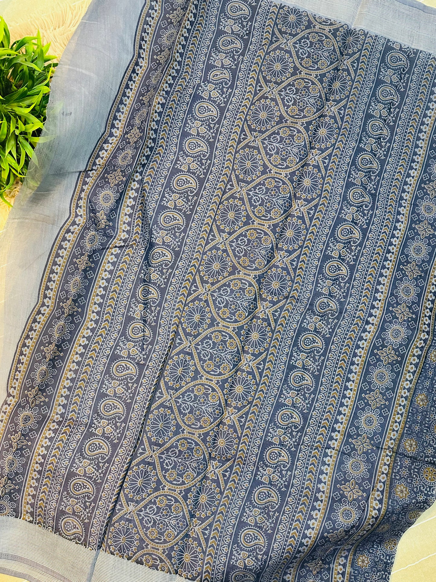 Daffane Blue Chanderi Cotton Ajrakh Printed Saree