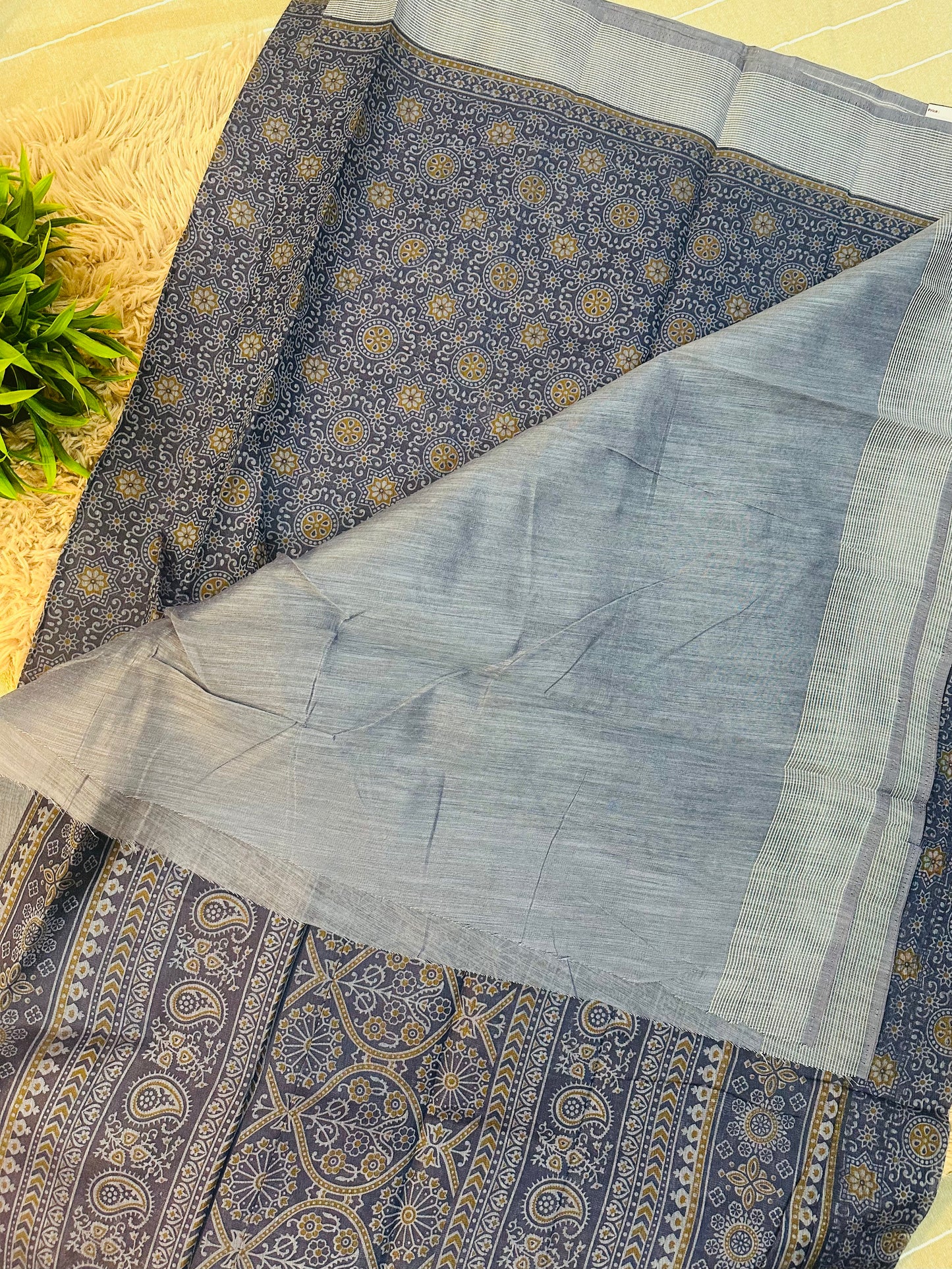 Daffane Blue Chanderi Cotton Ajrakh Printed Saree