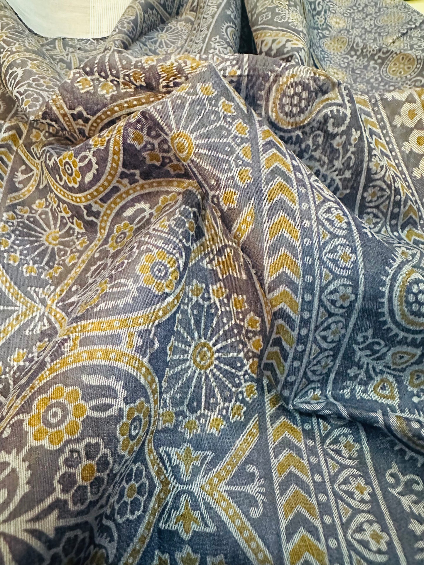 Daffane Blue Chanderi Cotton Ajrakh Printed Saree