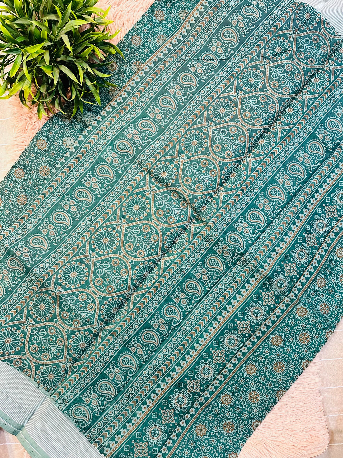 Green Chanderi Cotton Ajrakh Printed Saree