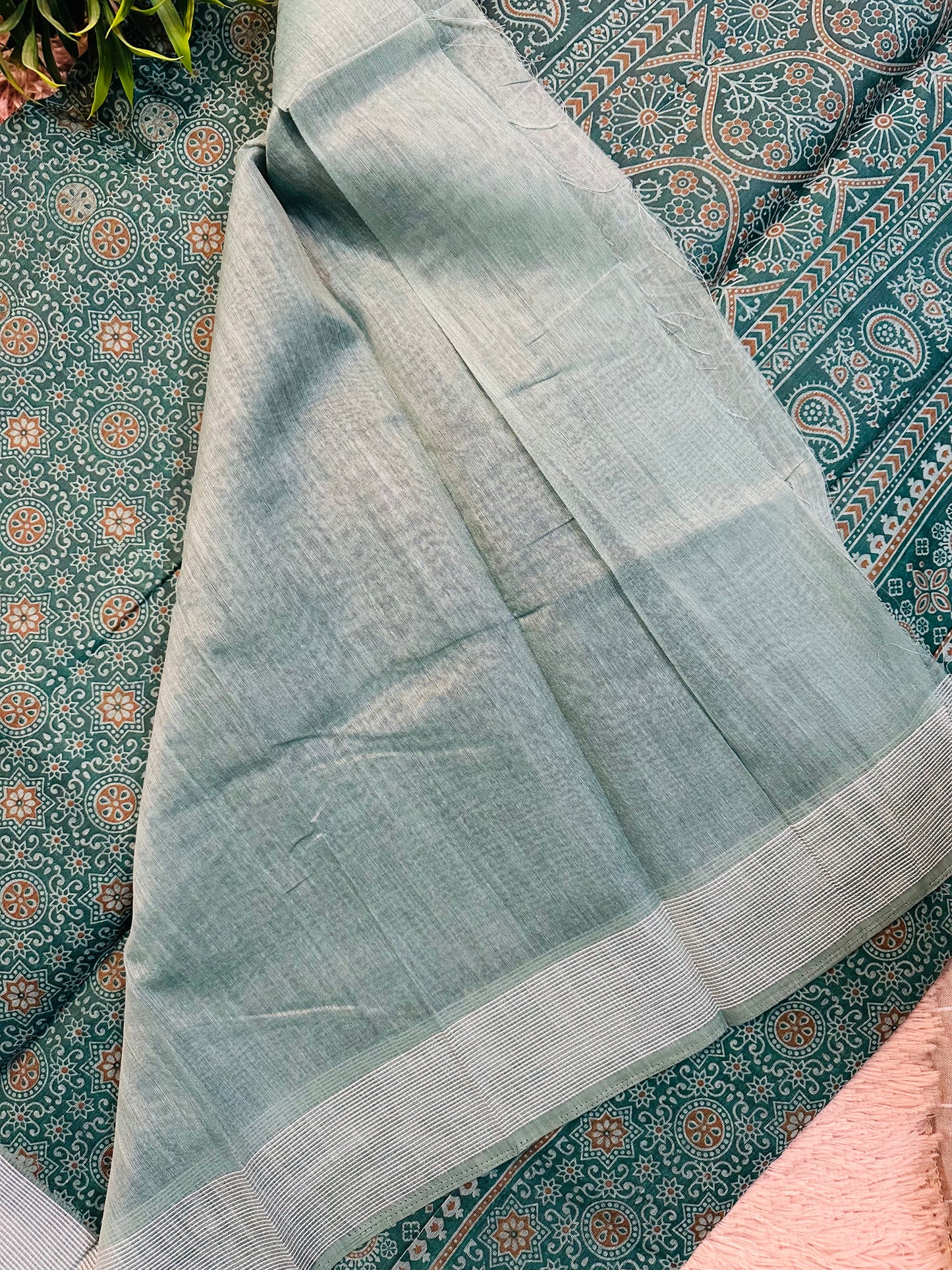 Green Chanderi Cotton Ajrakh Printed Saree